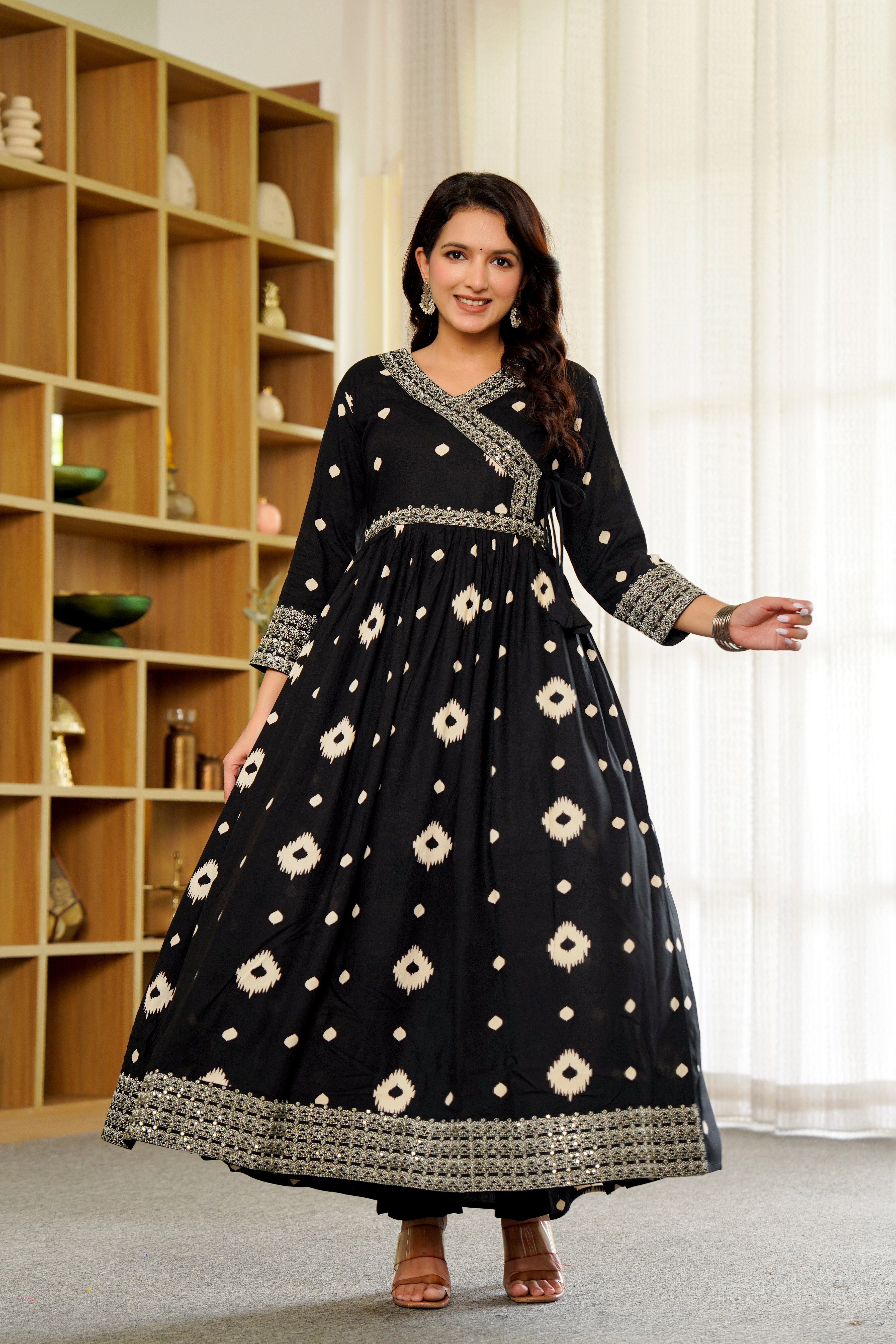 Elegant Black Anarkali with White Ikat Print