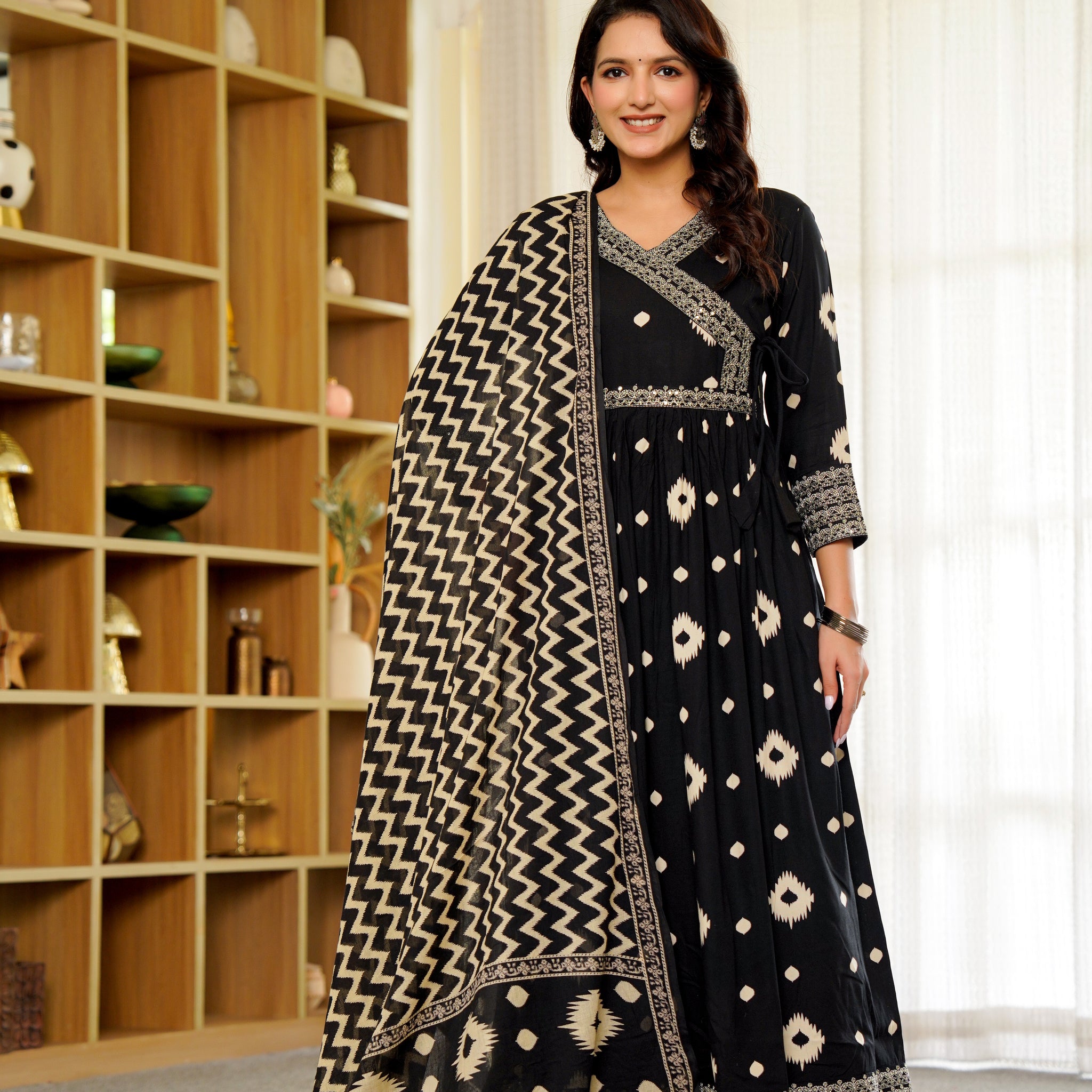 Elegant Black Anarkali with White Ikat Print