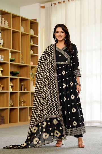 Elegant Black Anarkali with White Ikat Print