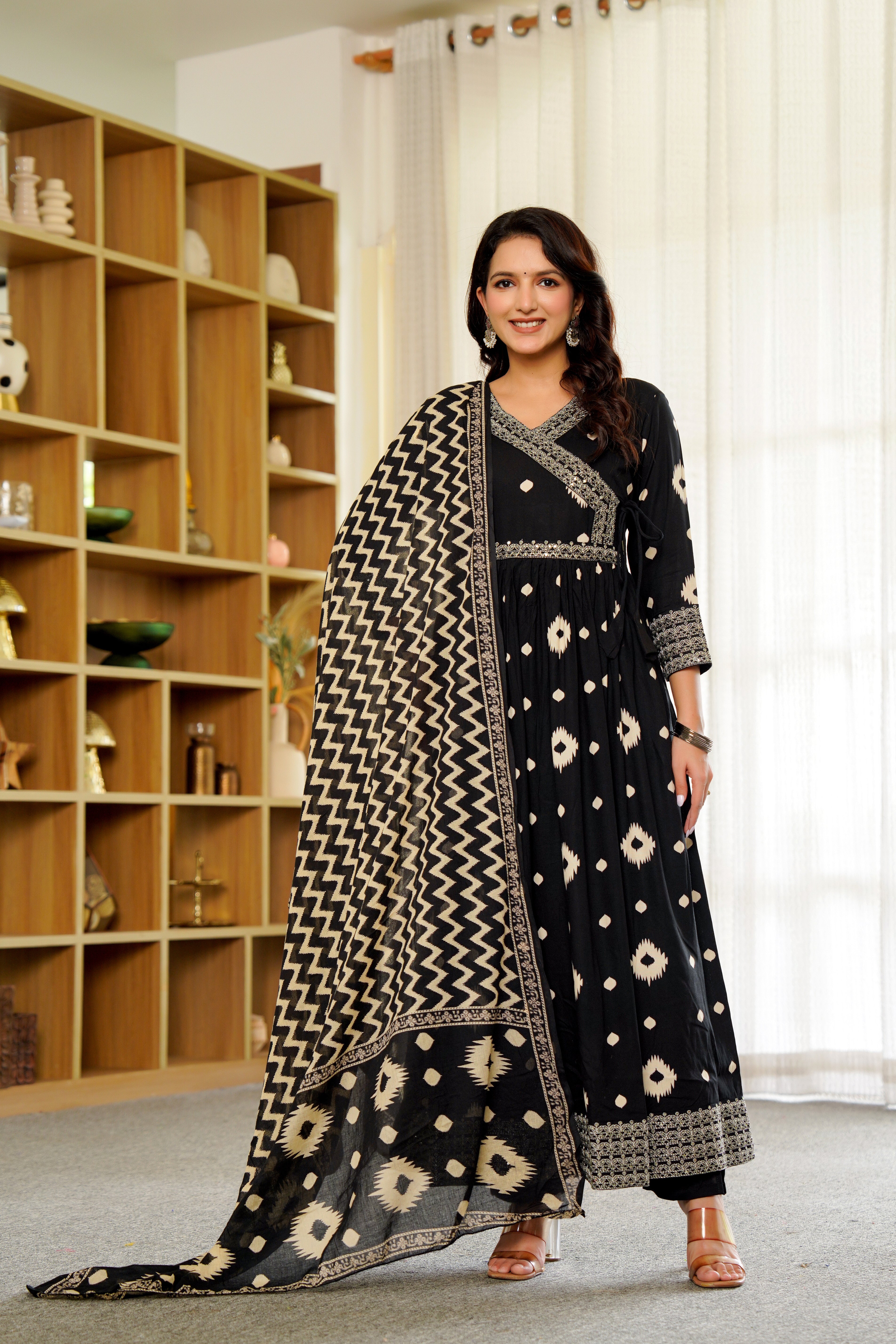 Elegant Black Anarkali with White Ikat Print