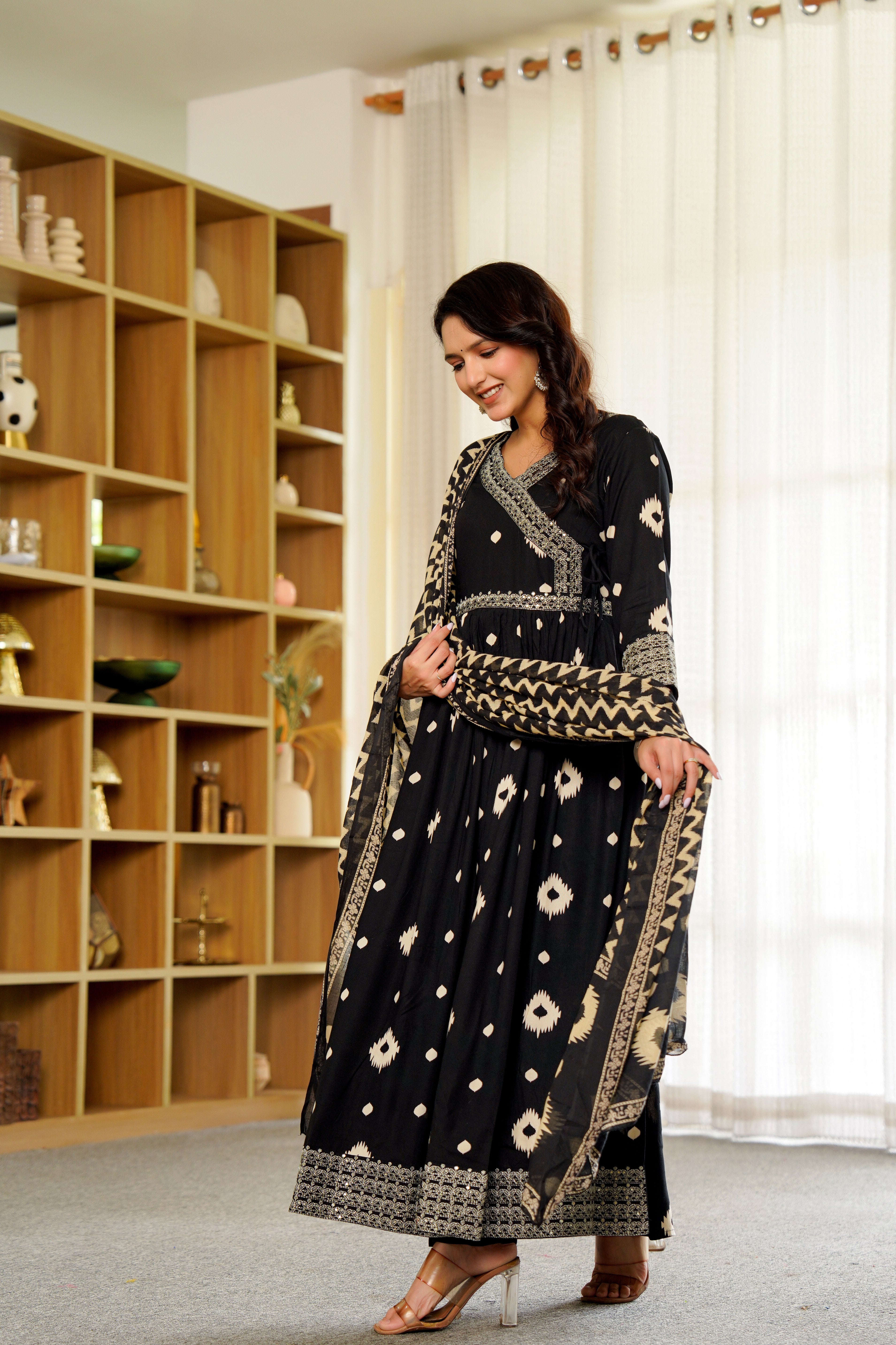 Elegant Black Anarkali with White Ikat Print