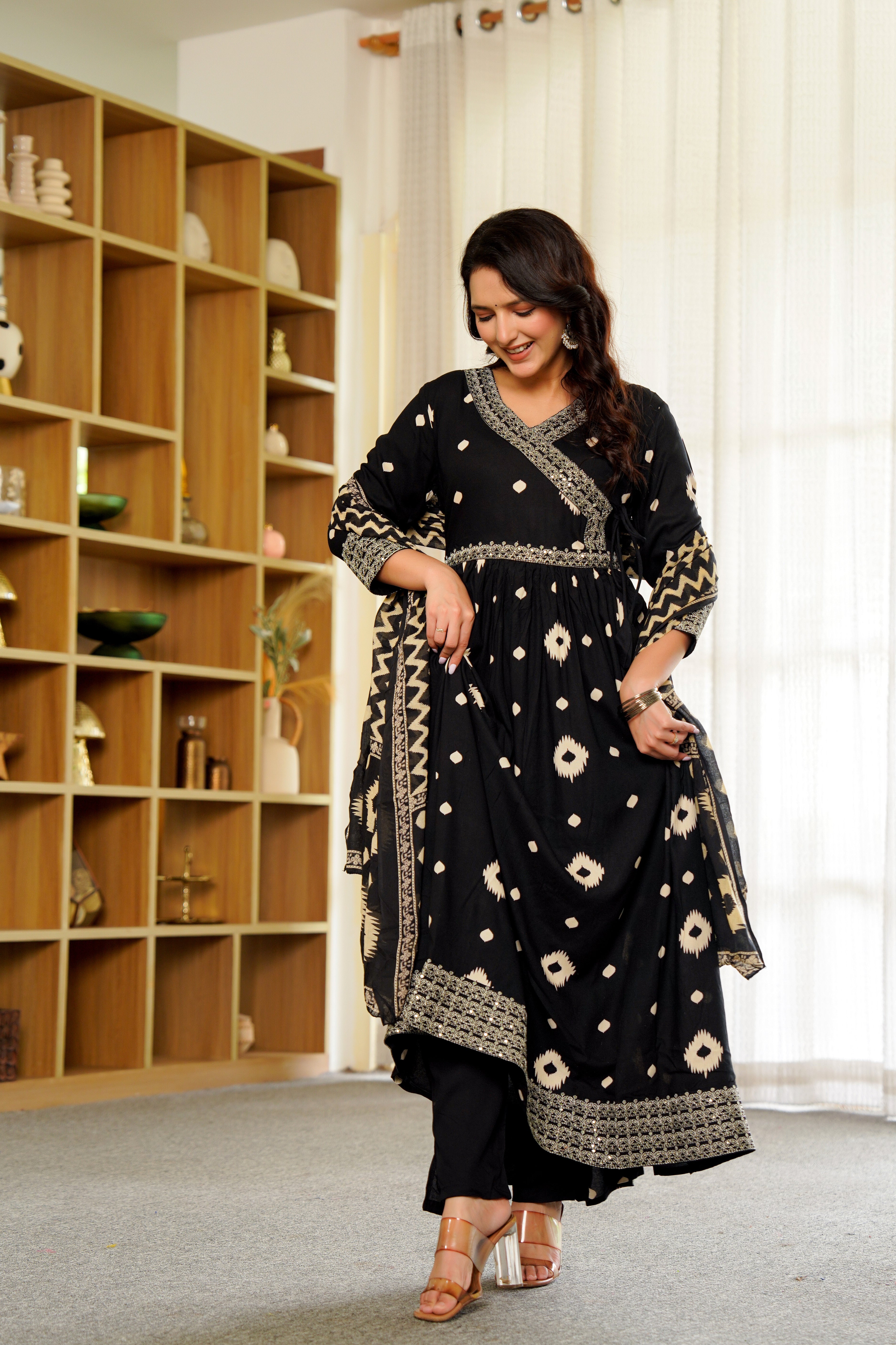 Elegant Black Anarkali with White Ikat Print