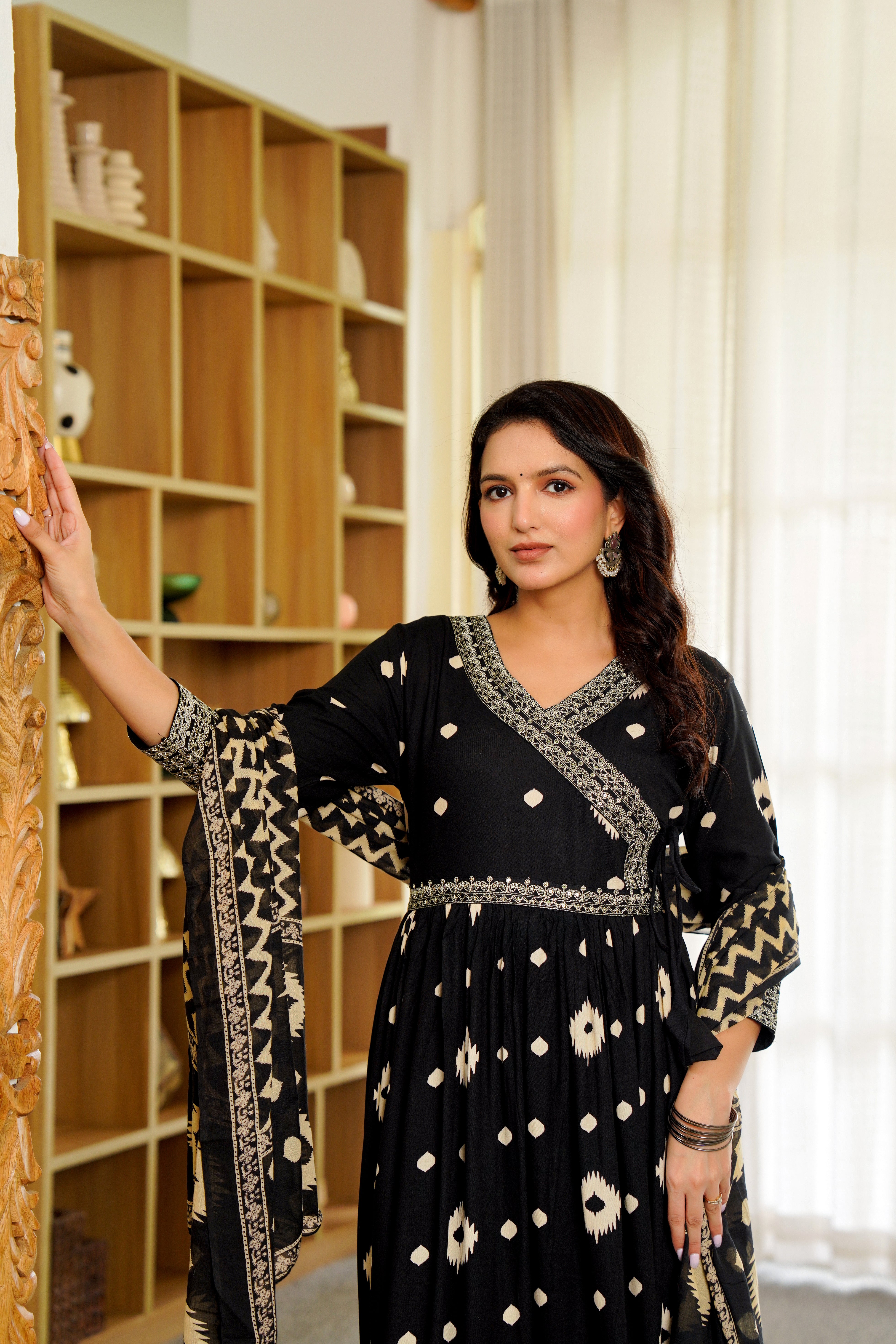 Elegant Black Anarkali with White Ikat Print