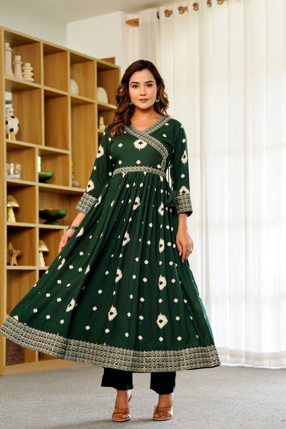 🌿 Elegant Green Anarkali with White Ikat Motifs