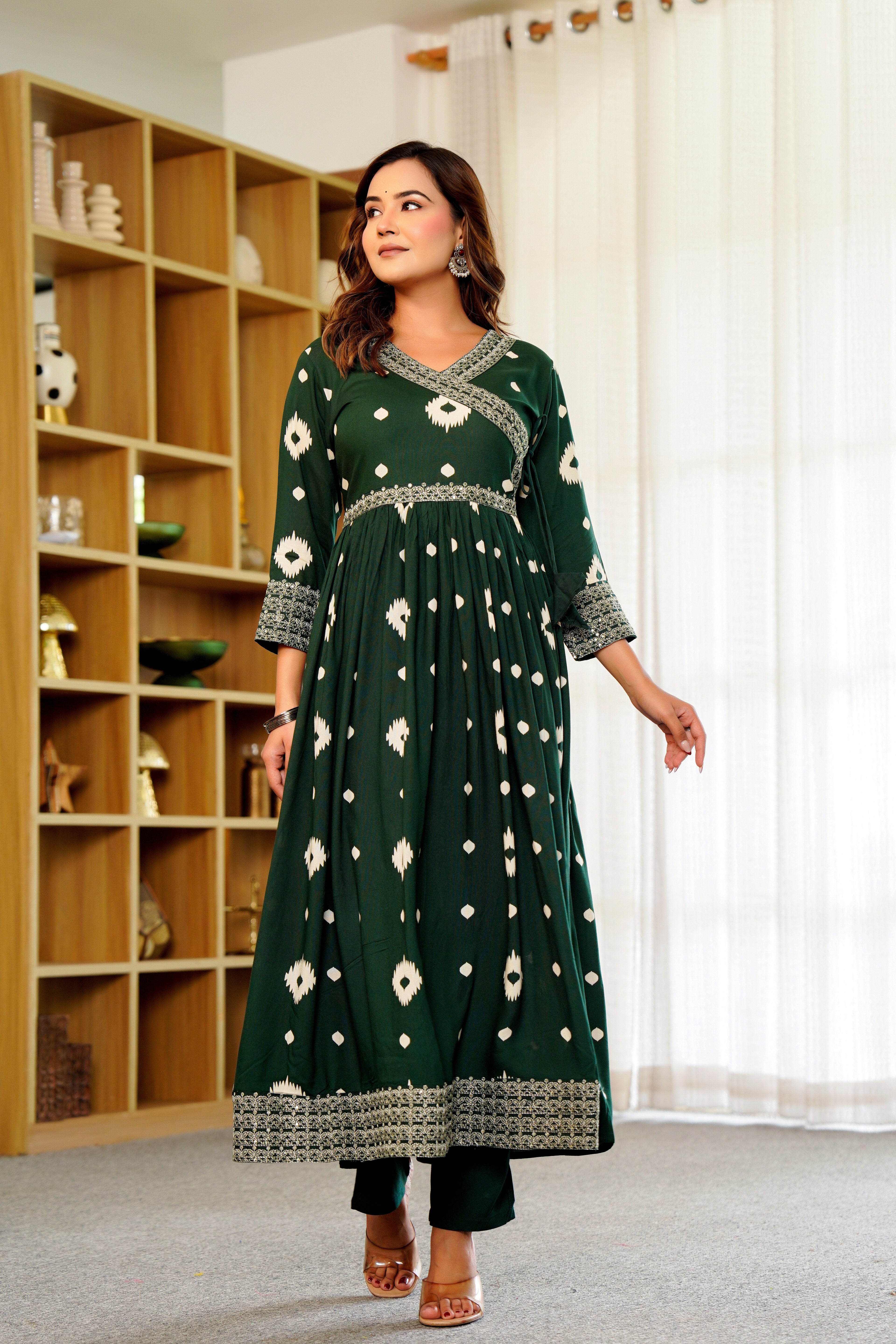🌿 Elegant Green Anarkali with White Ikat Motifs