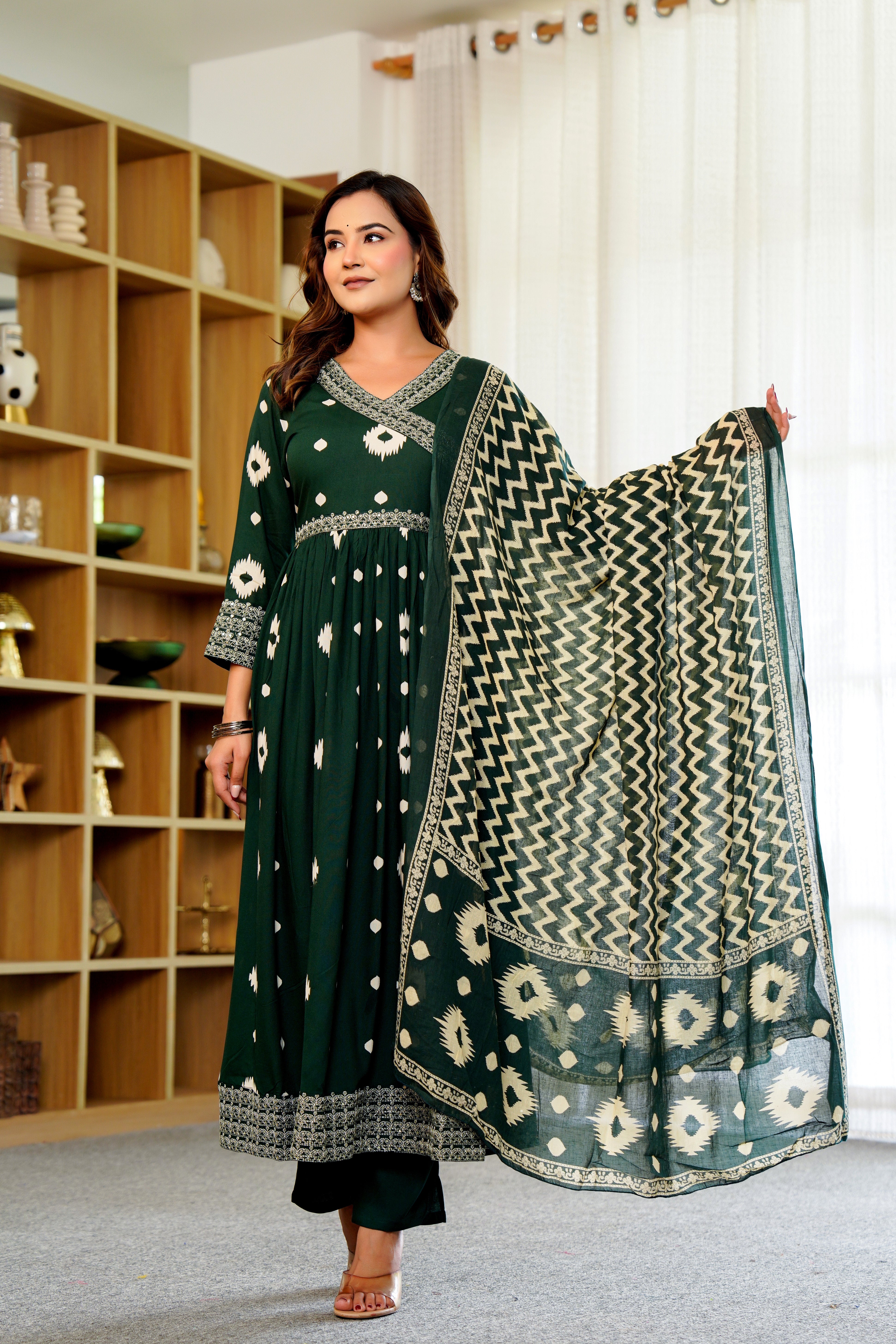 🌿 Elegant Green Anarkali with White Ikat Motifs