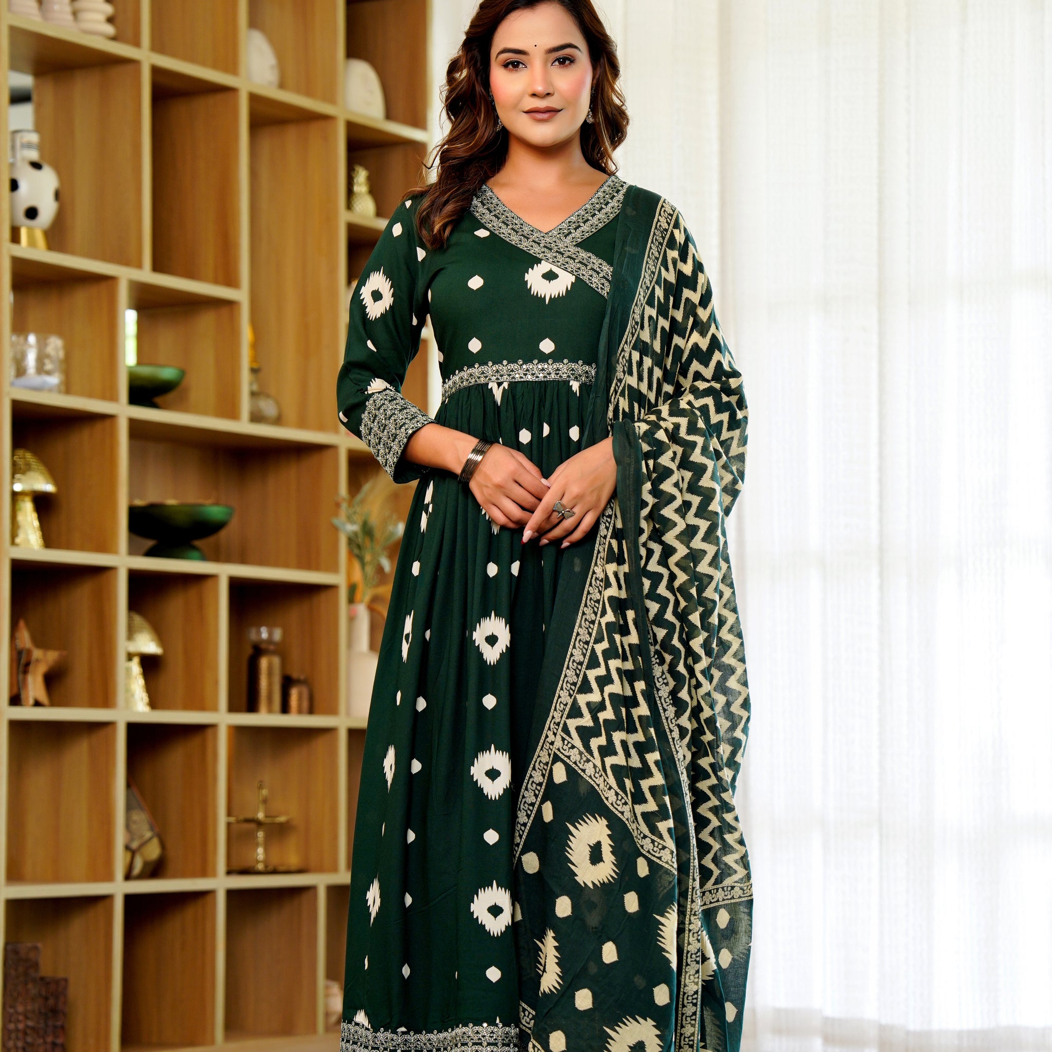 🌿 Elegant Green Anarkali with White Ikat Motifs