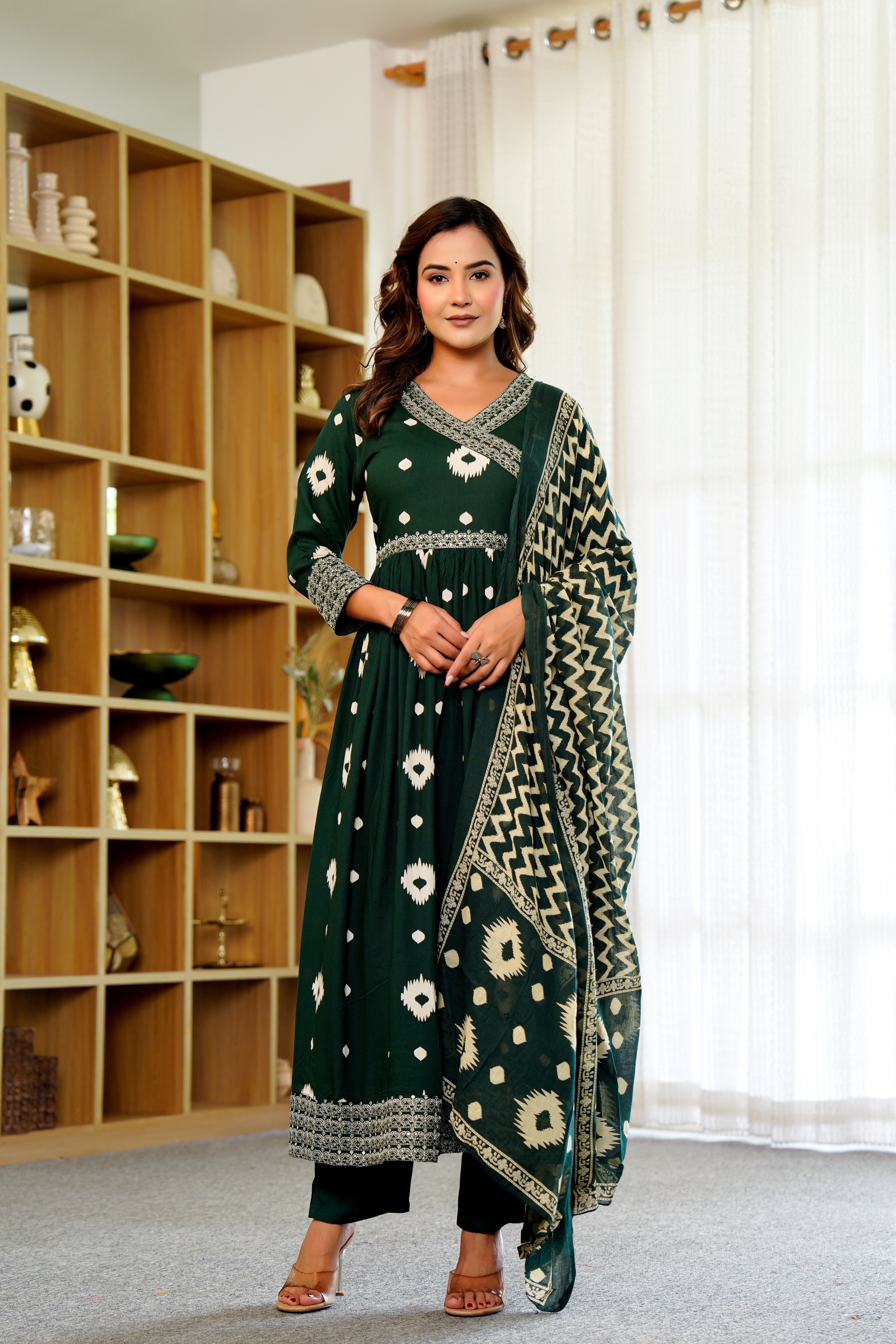 🌿 Elegant Green Anarkali with White Ikat Motifs