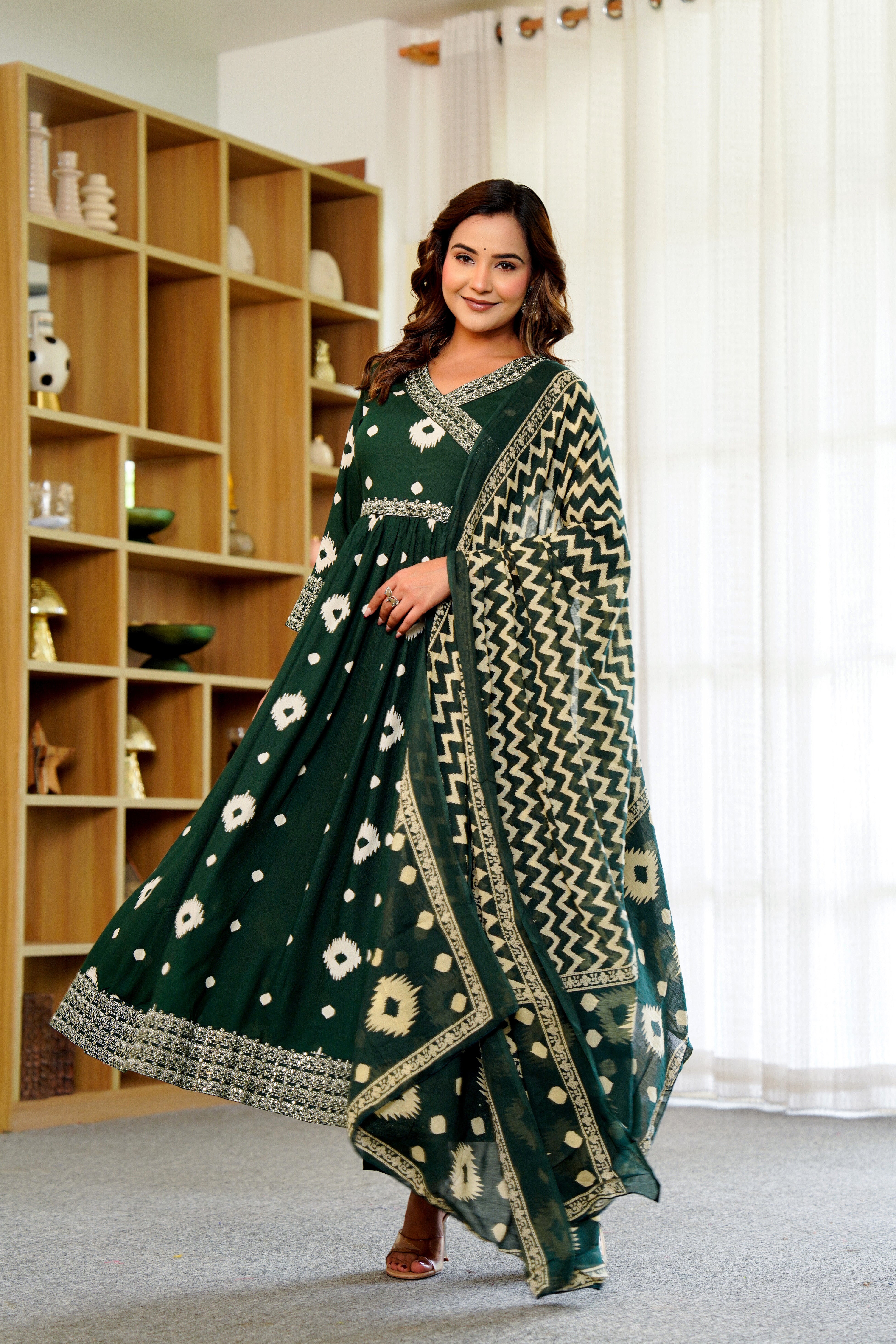 🌿 Elegant Green Anarkali with White Ikat Motifs