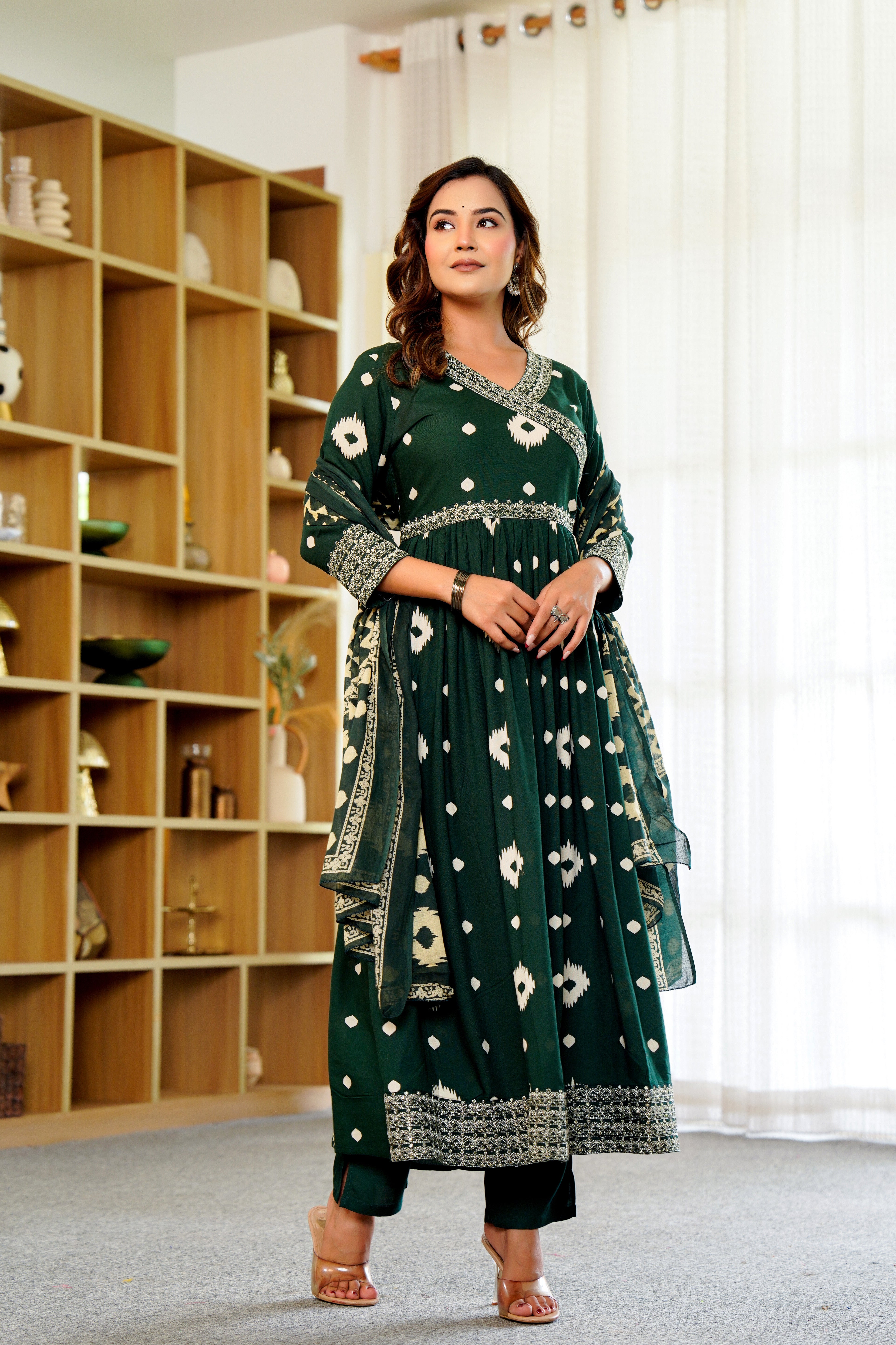 🌿 Elegant Green Anarkali with White Ikat Motifs