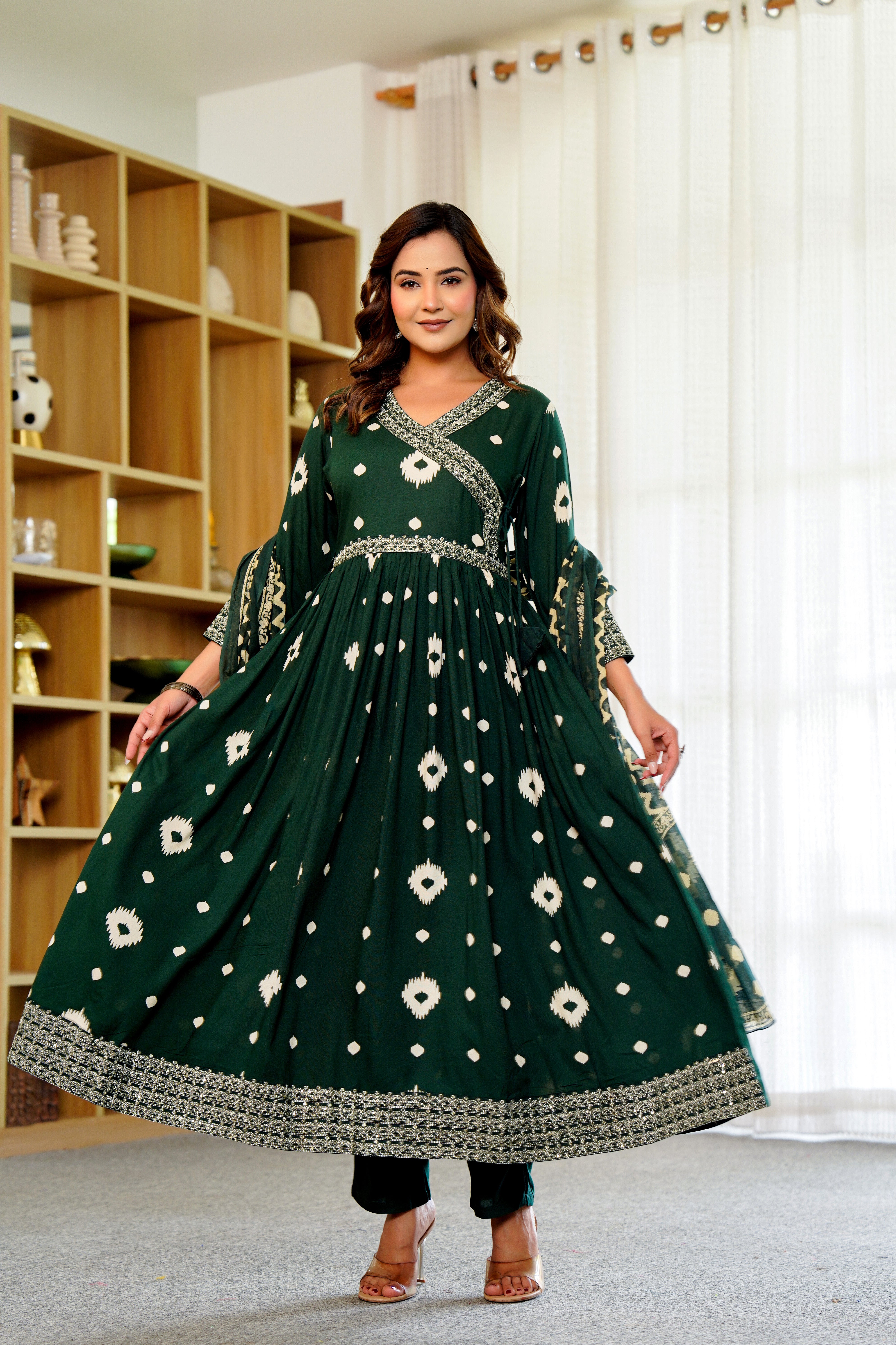 🌿 Elegant Green Anarkali with White Ikat Motifs