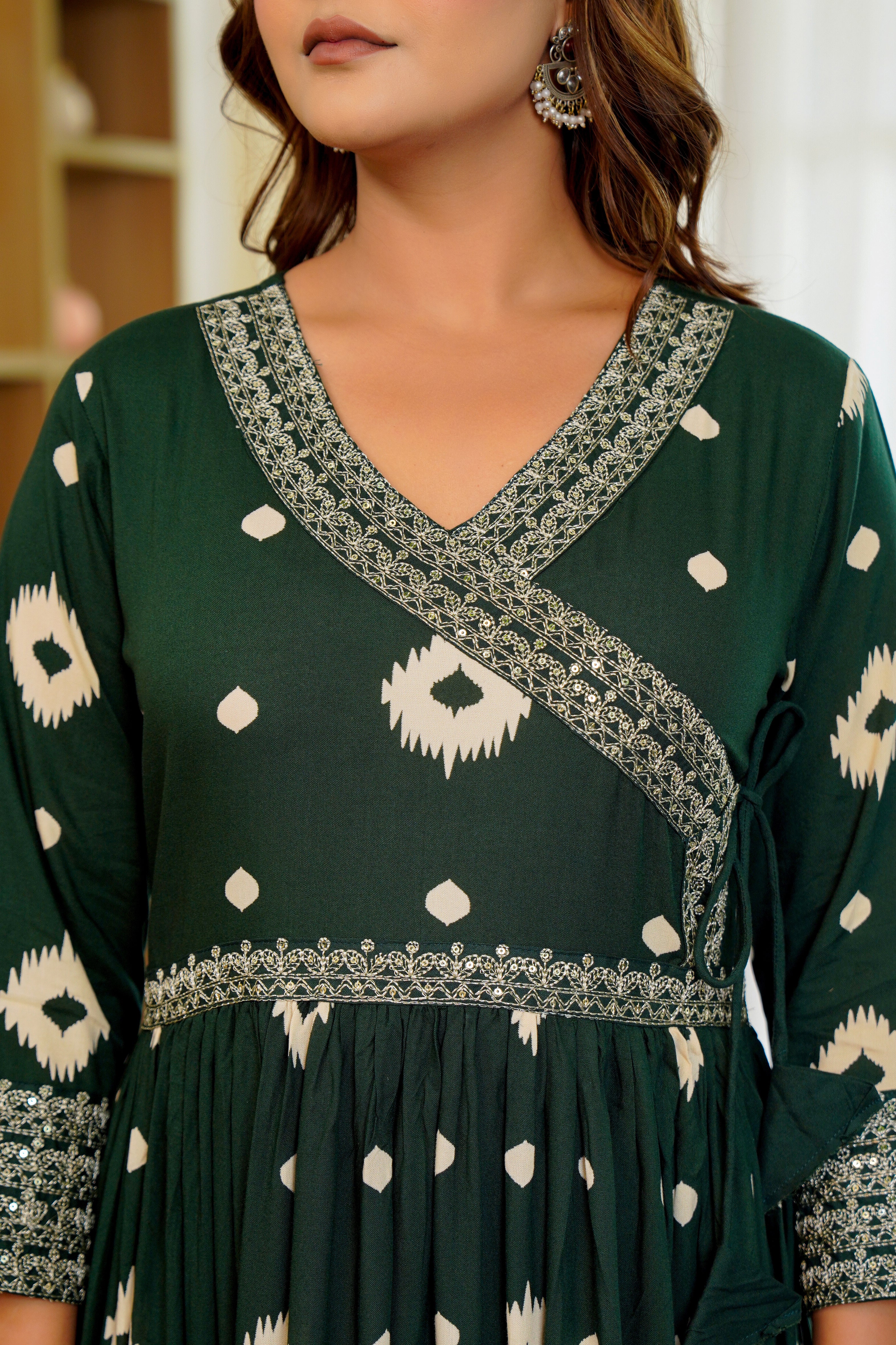 🌿 Elegant Green Anarkali with White Ikat Motifs