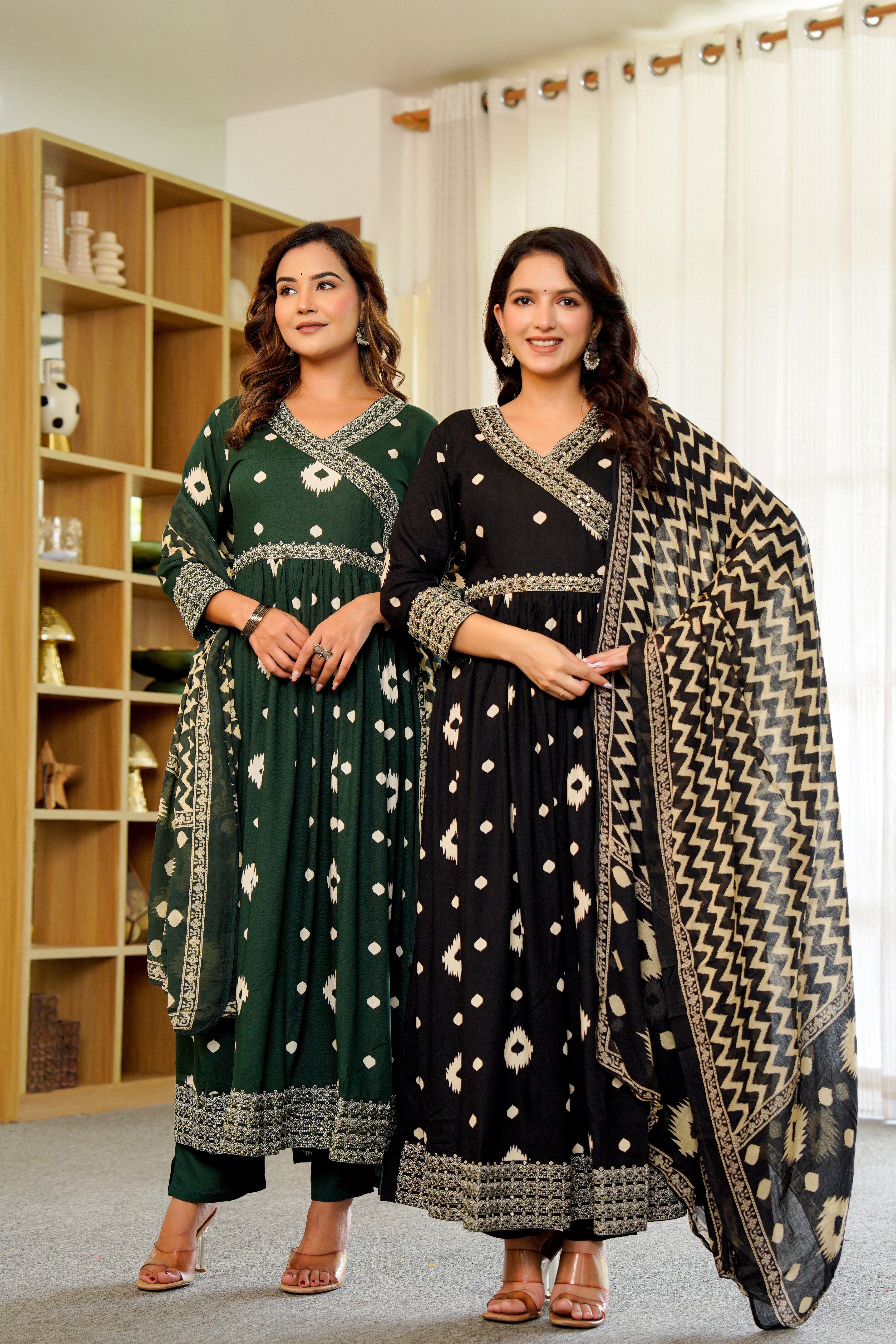 🌿 Elegant Green Anarkali with White Ikat Motifs