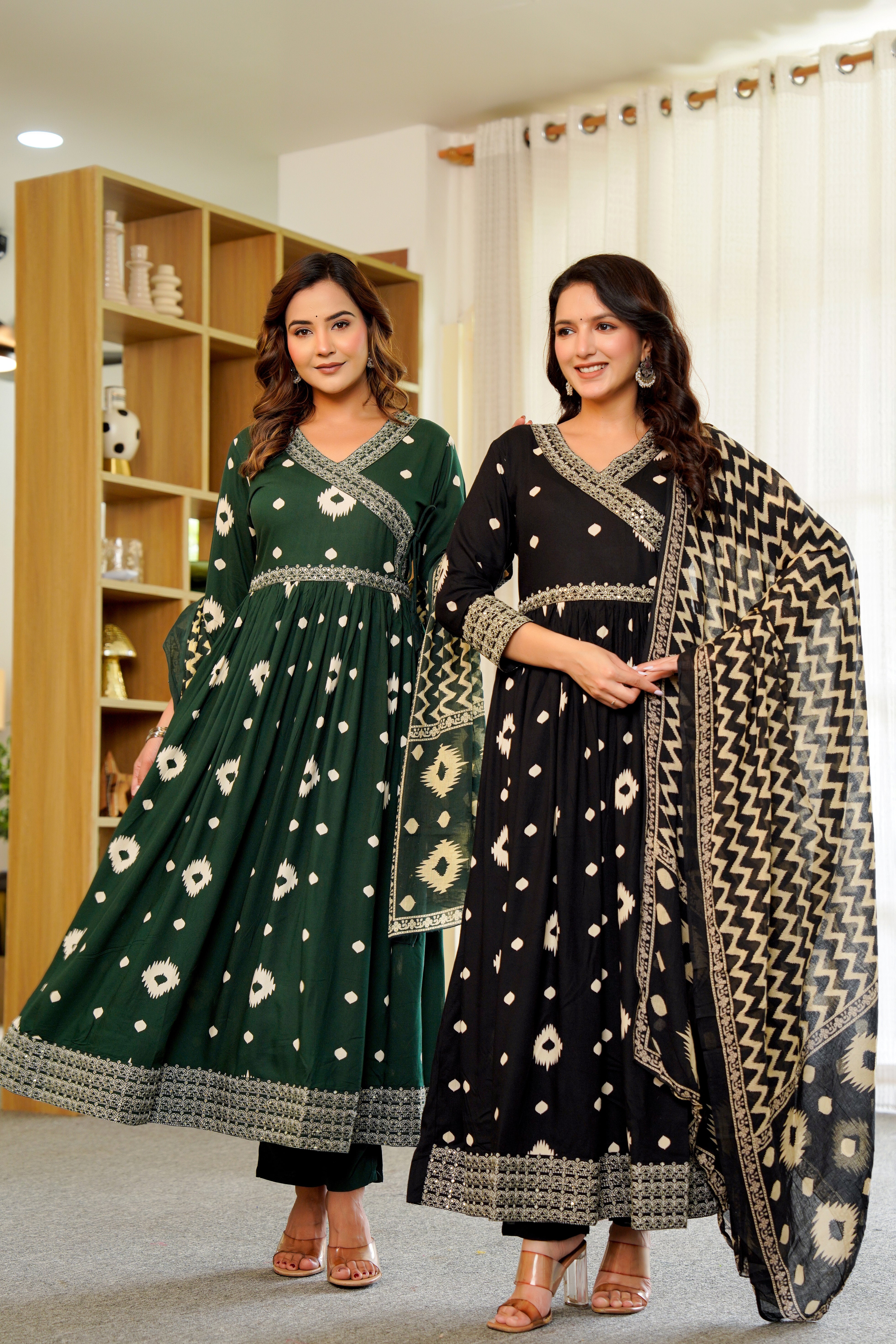 🌿 Elegant Green Anarkali with White Ikat Motifs