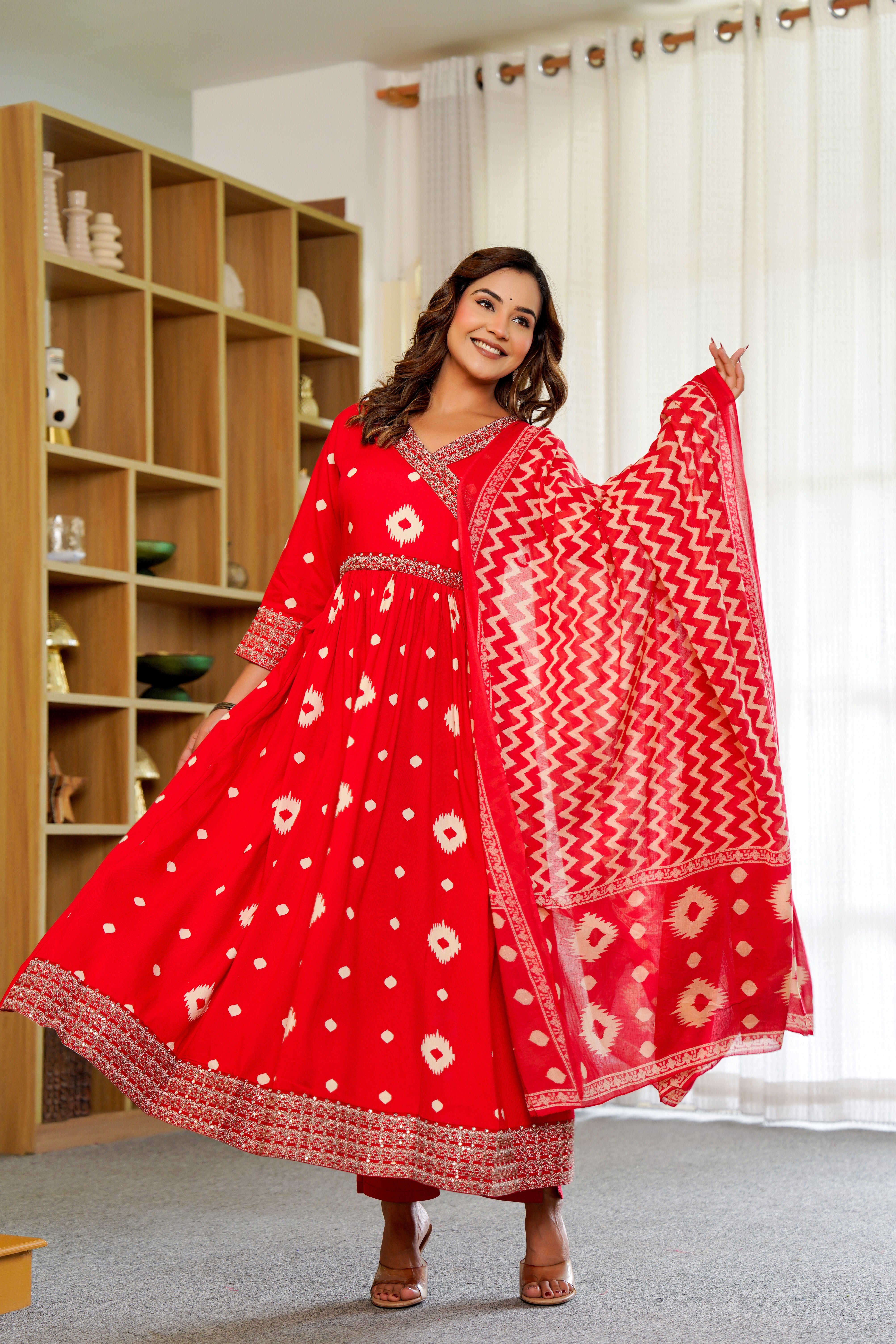 Radiant Red Anarkali with Dupatta – Ethnic Elegance