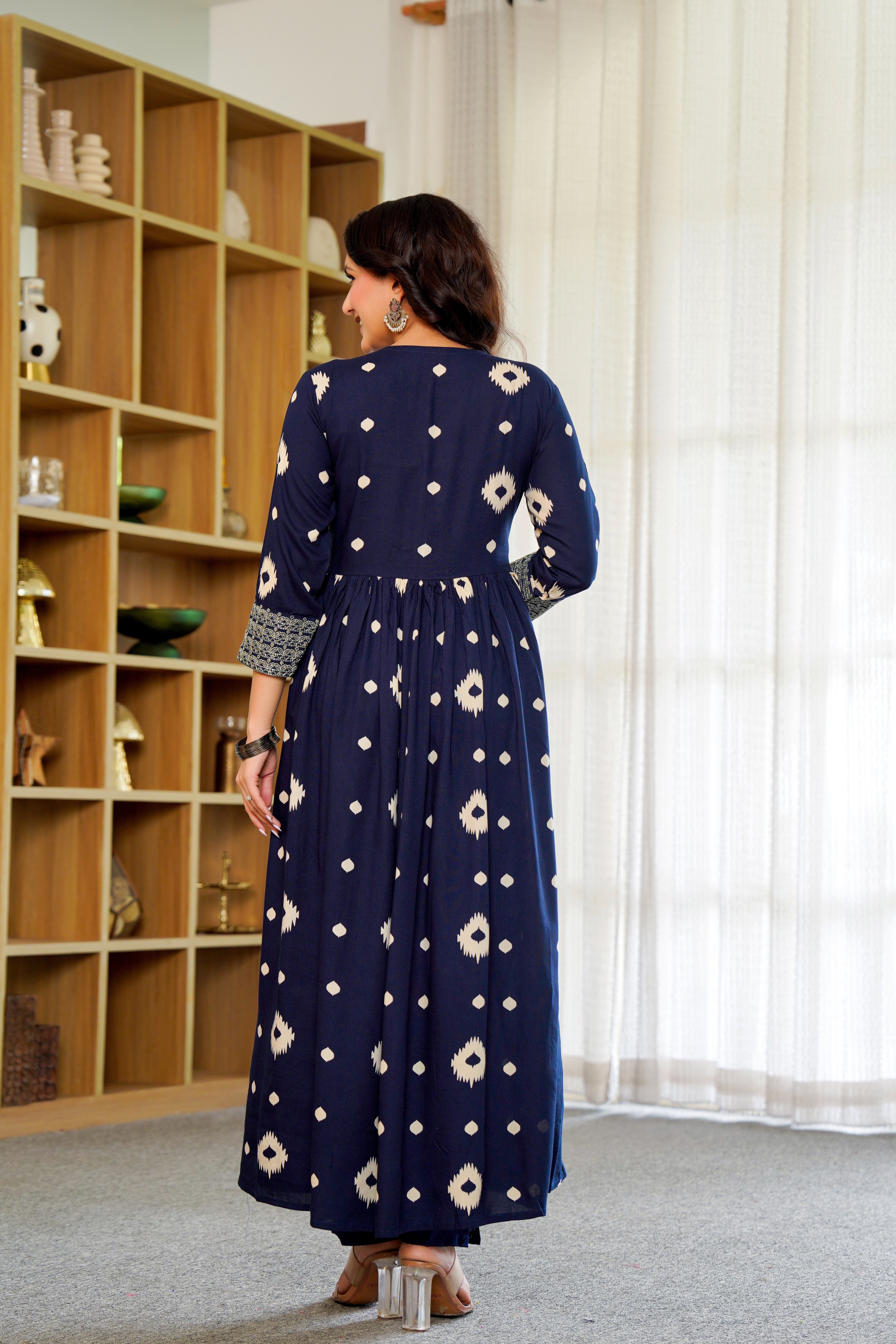 Elegant Navy Blue Anarkali with Dupatta – Timeless Ikat Charm