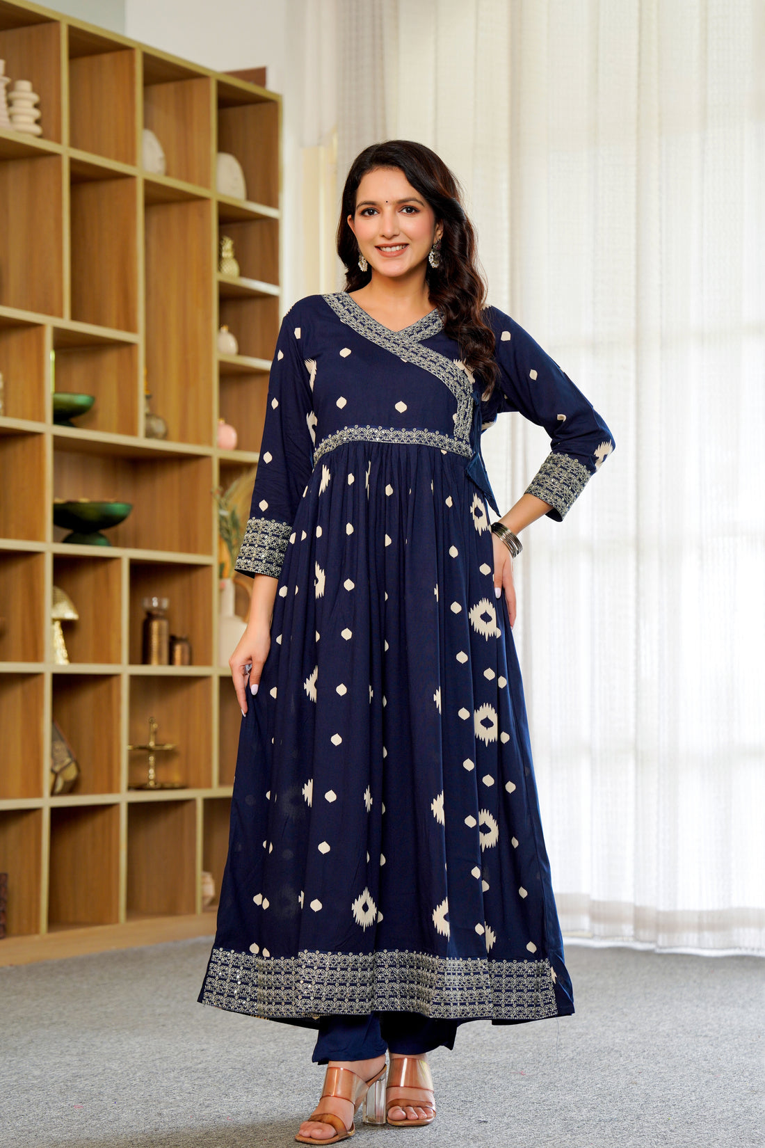 Elegant Navy Blue Anarkali with Dupatta – Timeless Ikat Charm