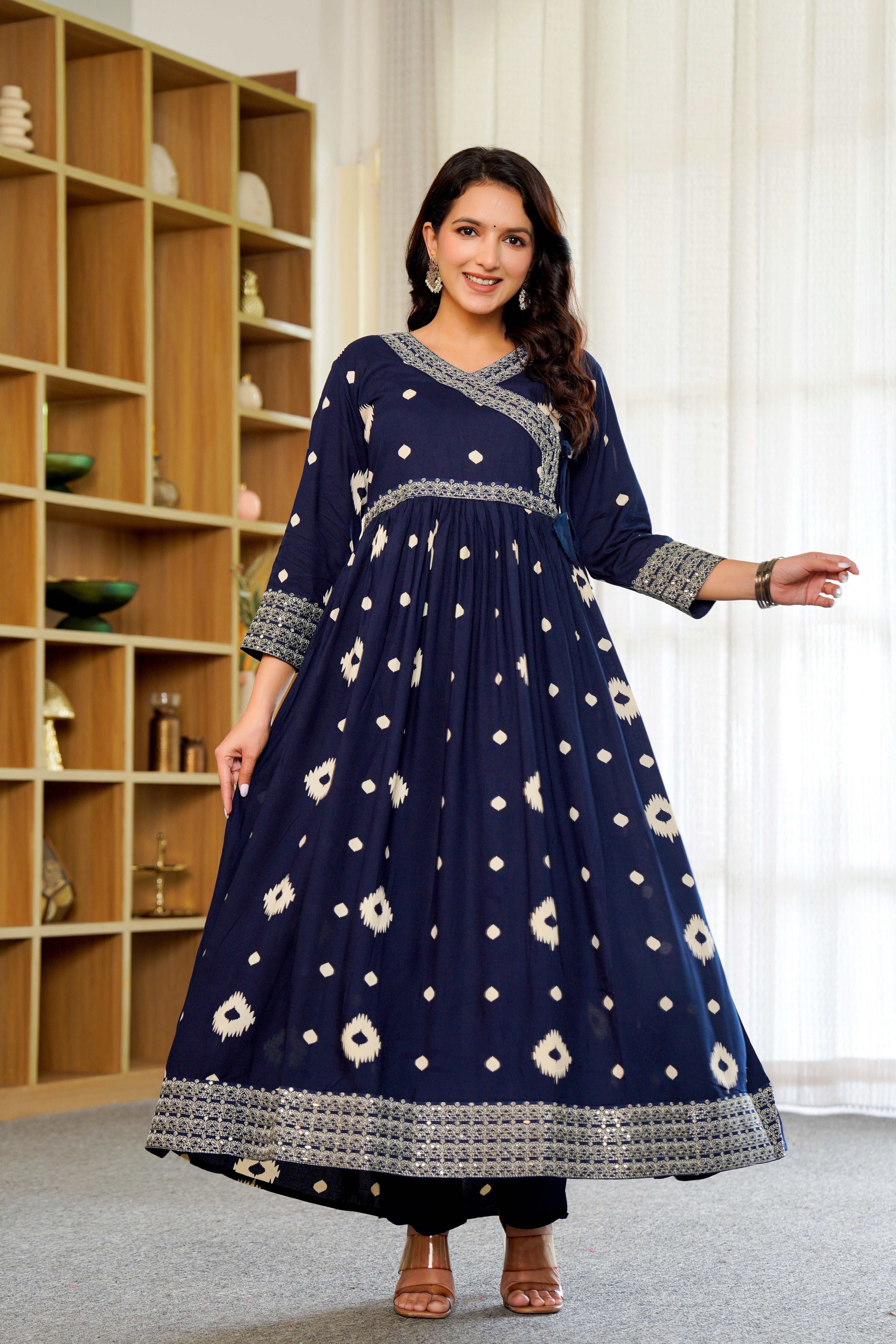 Elegant Navy Blue Anarkali with Dupatta – Timeless Ikat Charm