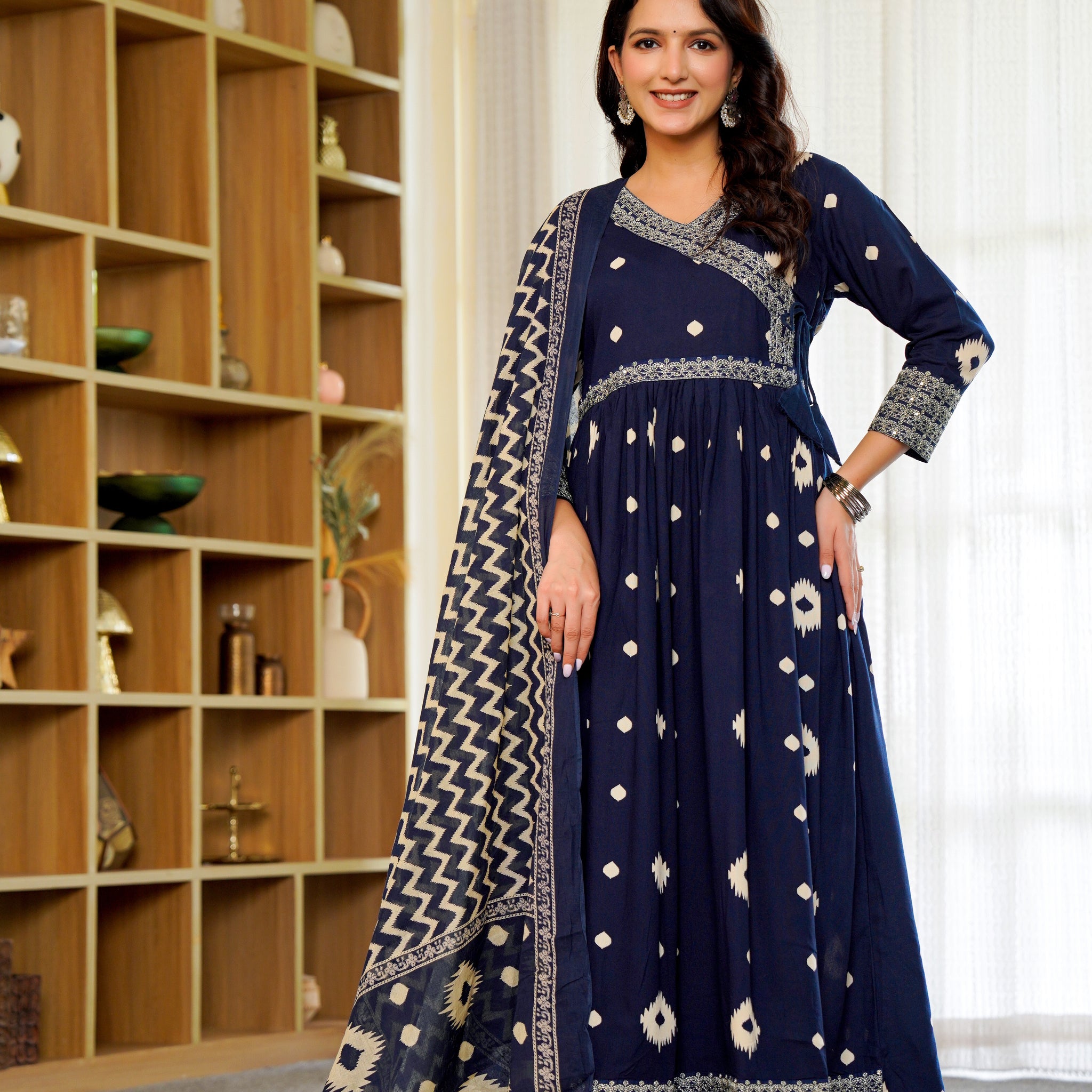 Elegant Navy Blue Anarkali with Dupatta – Timeless Ikat Charm