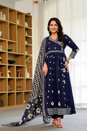 Elegant Navy Blue Anarkali with Dupatta – Timeless Ikat Charm
