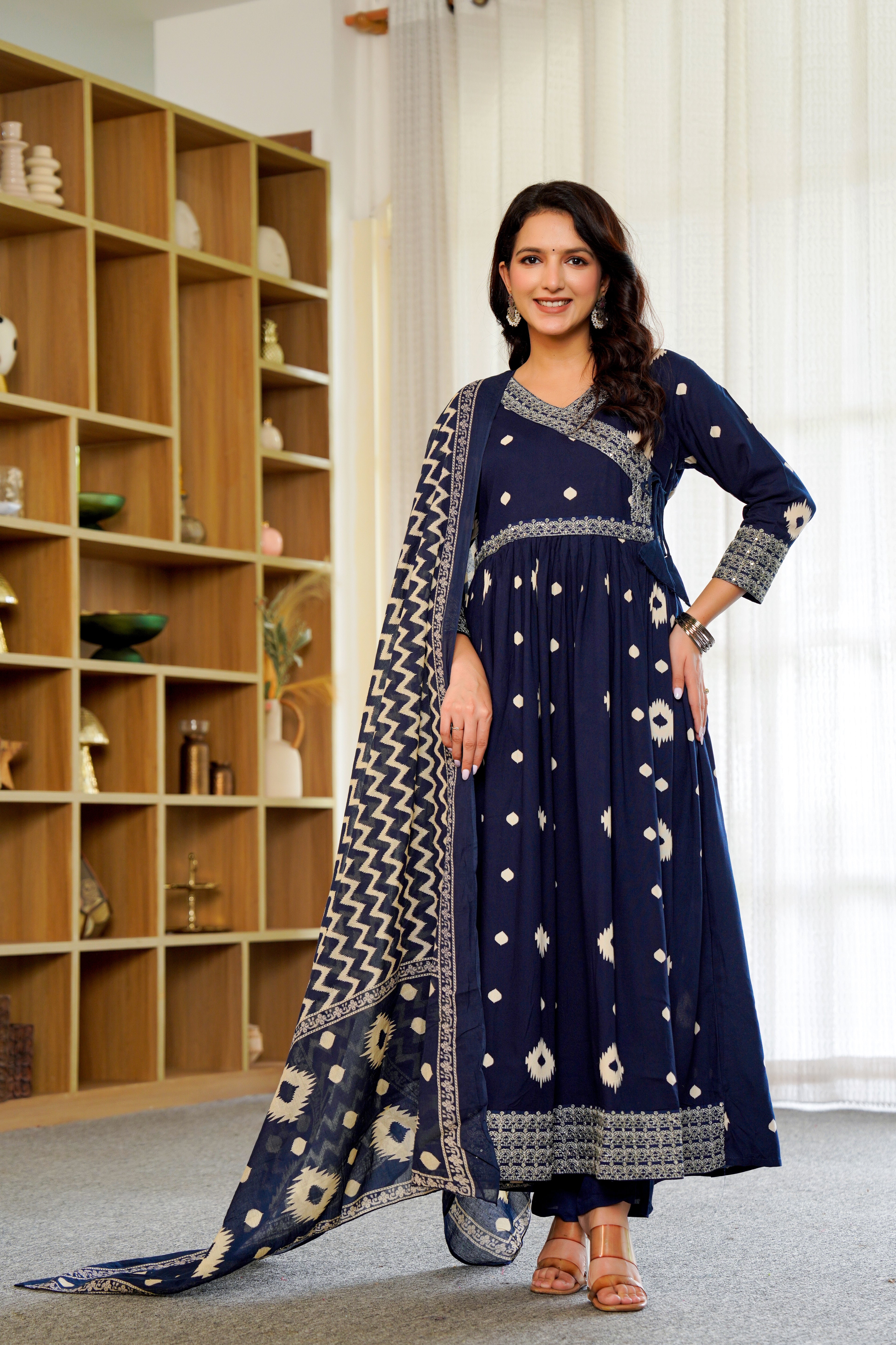 Elegant Navy Blue Anarkali with Dupatta – Timeless Ikat Charm