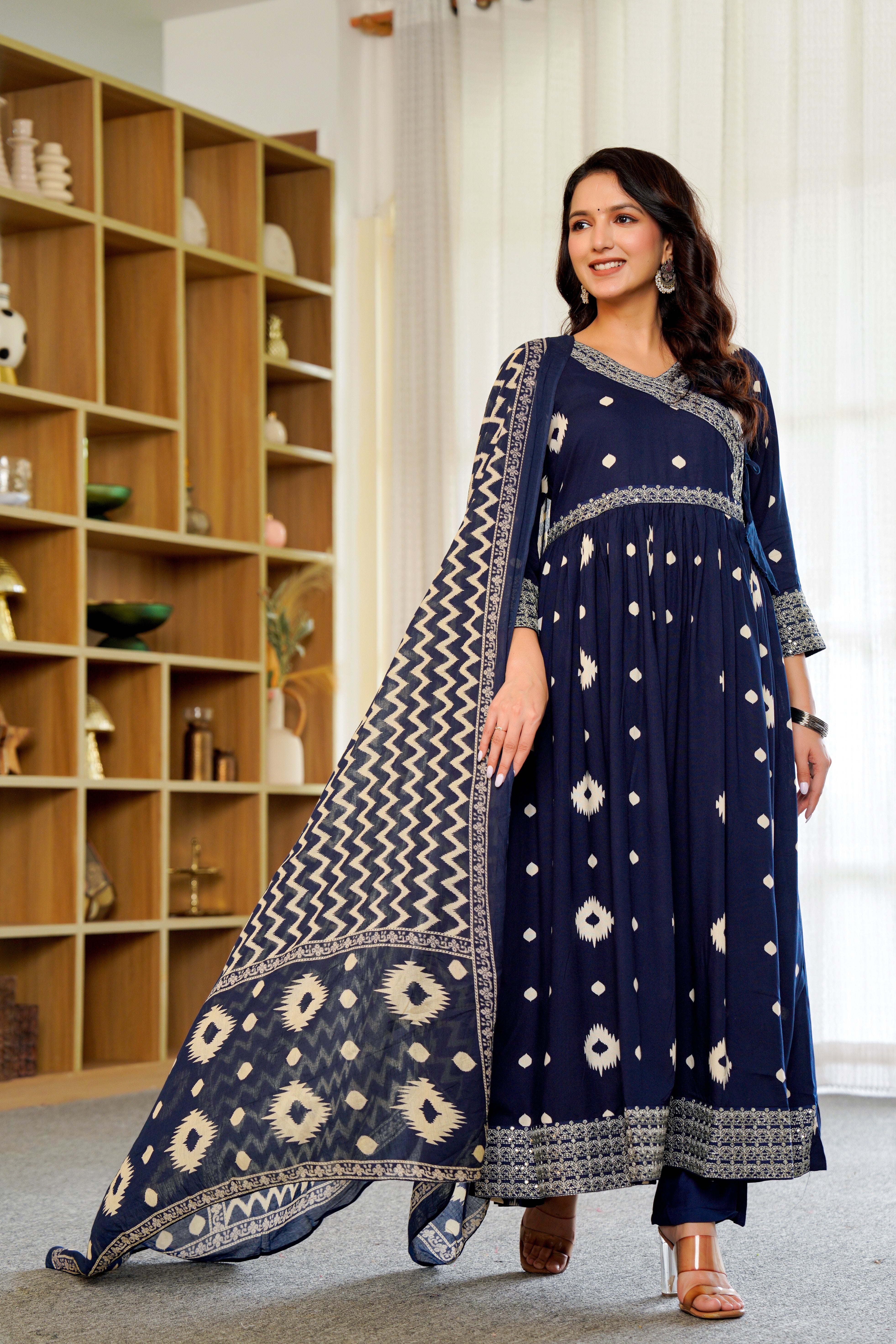 Elegant Navy Blue Anarkali with Dupatta – Timeless Ikat Charm
