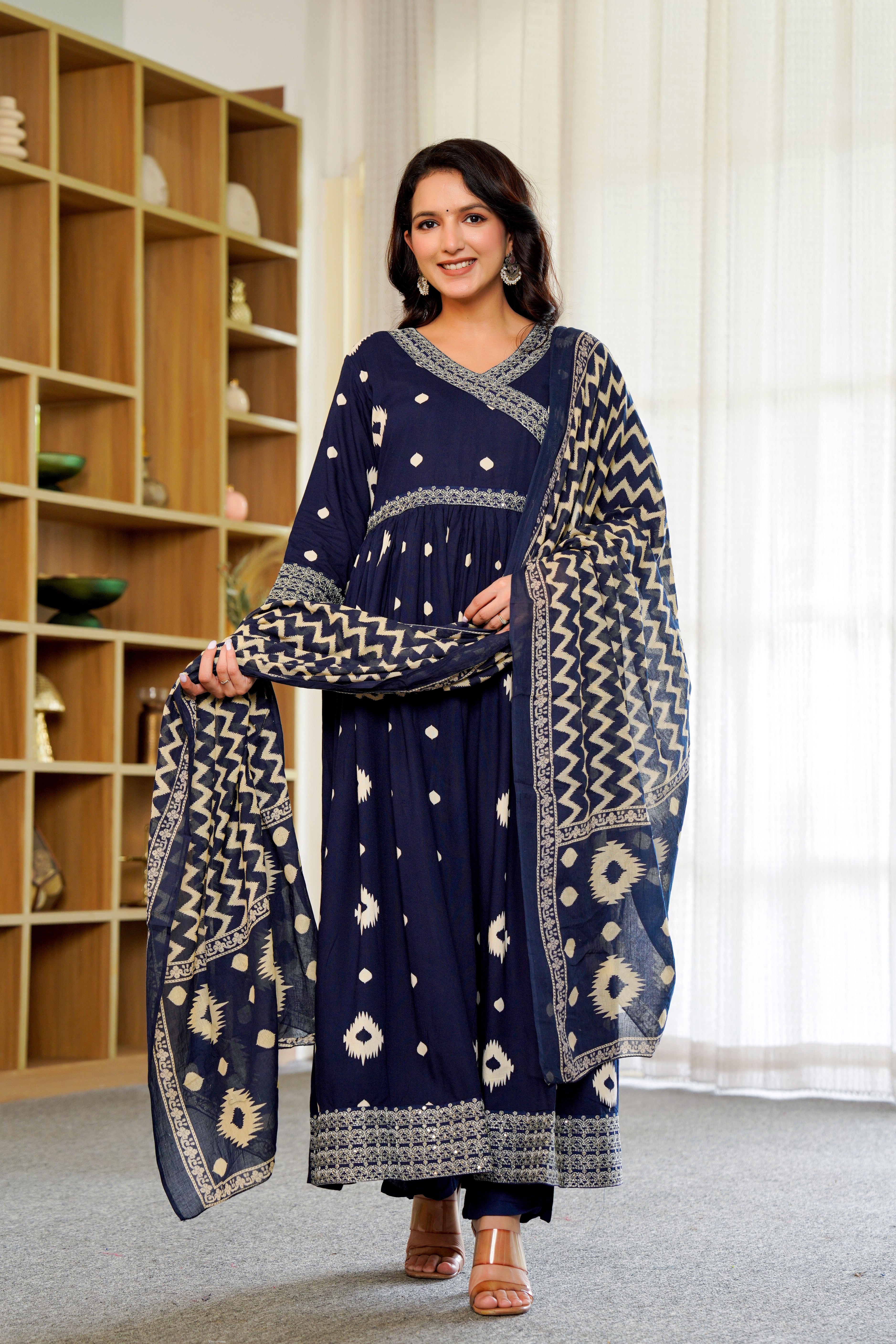 Elegant Navy Blue Anarkali with Dupatta – Timeless Ikat Charm