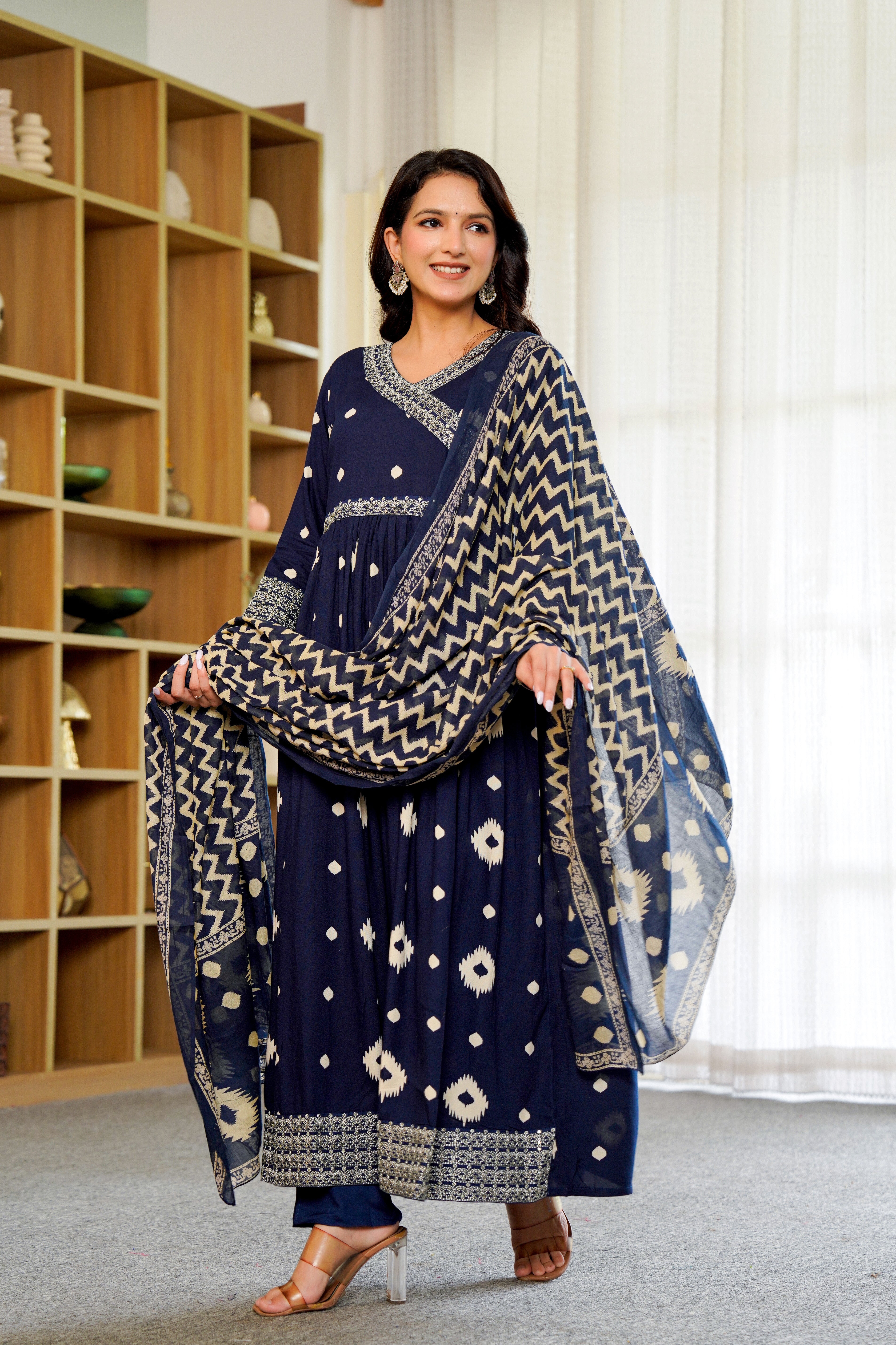 Elegant Navy Blue Anarkali with Dupatta – Timeless Ikat Charm