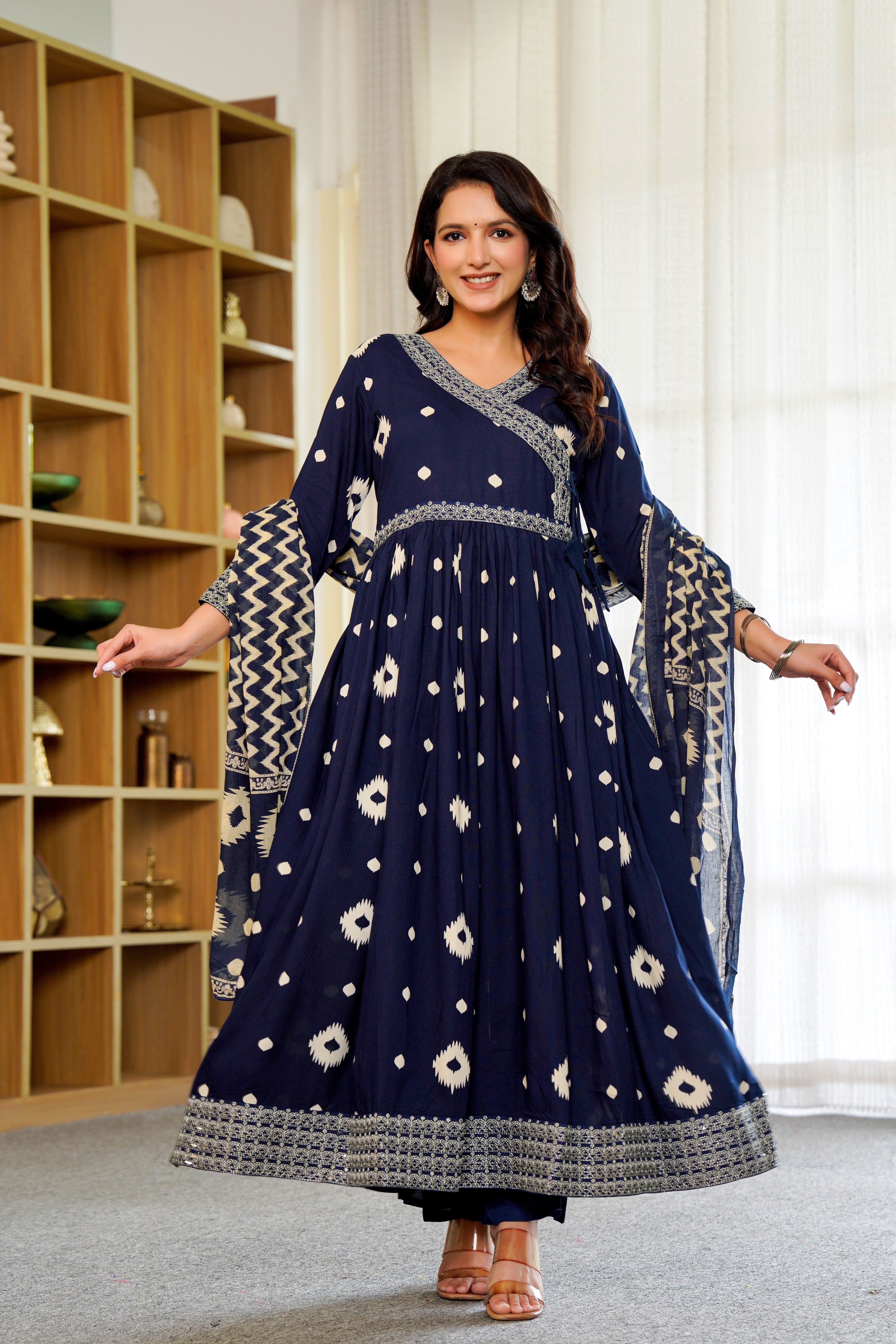 Elegant Navy Blue Anarkali with Dupatta – Timeless Ikat Charm