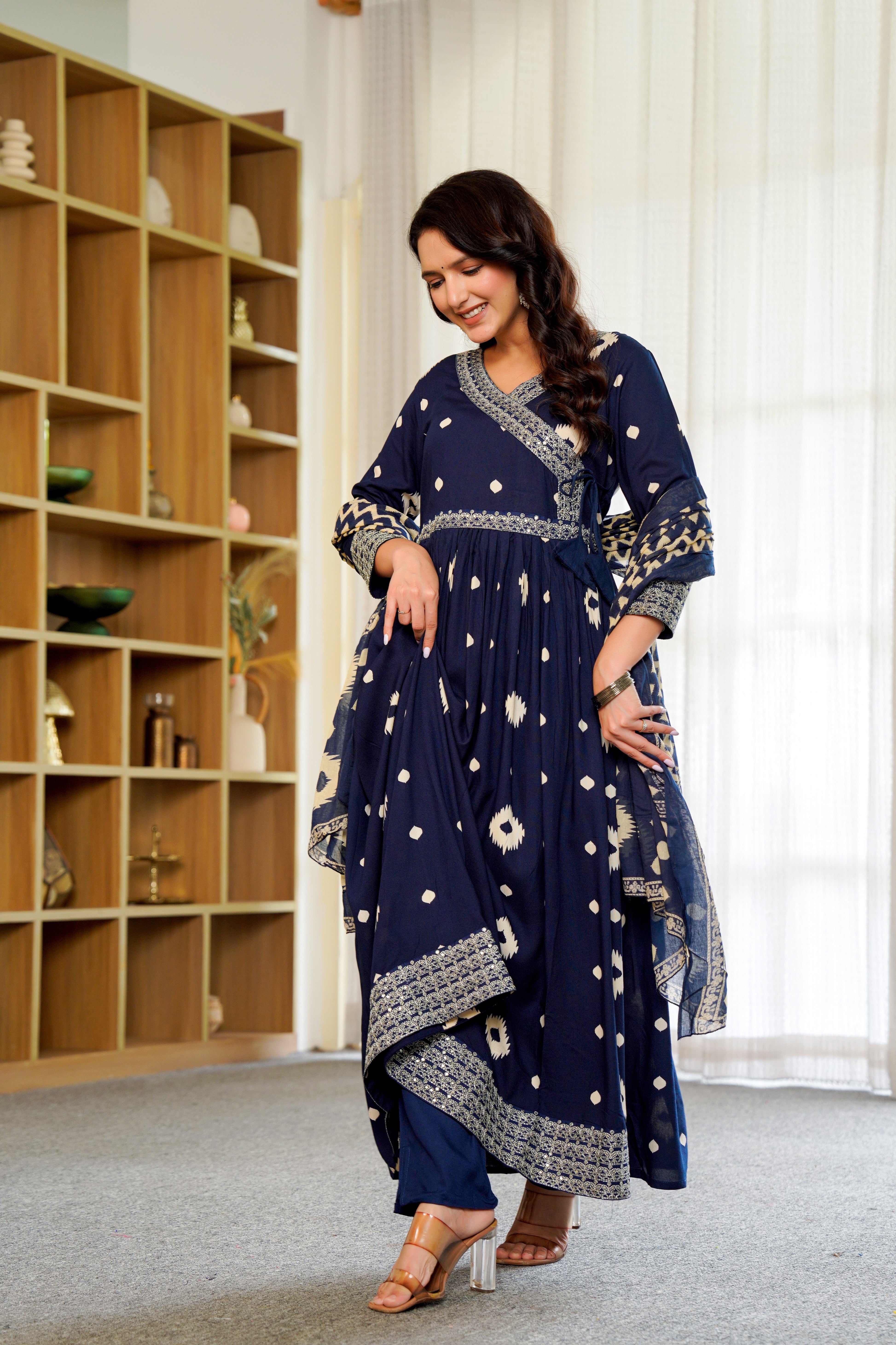 Elegant Navy Blue Anarkali with Dupatta – Timeless Ikat Charm