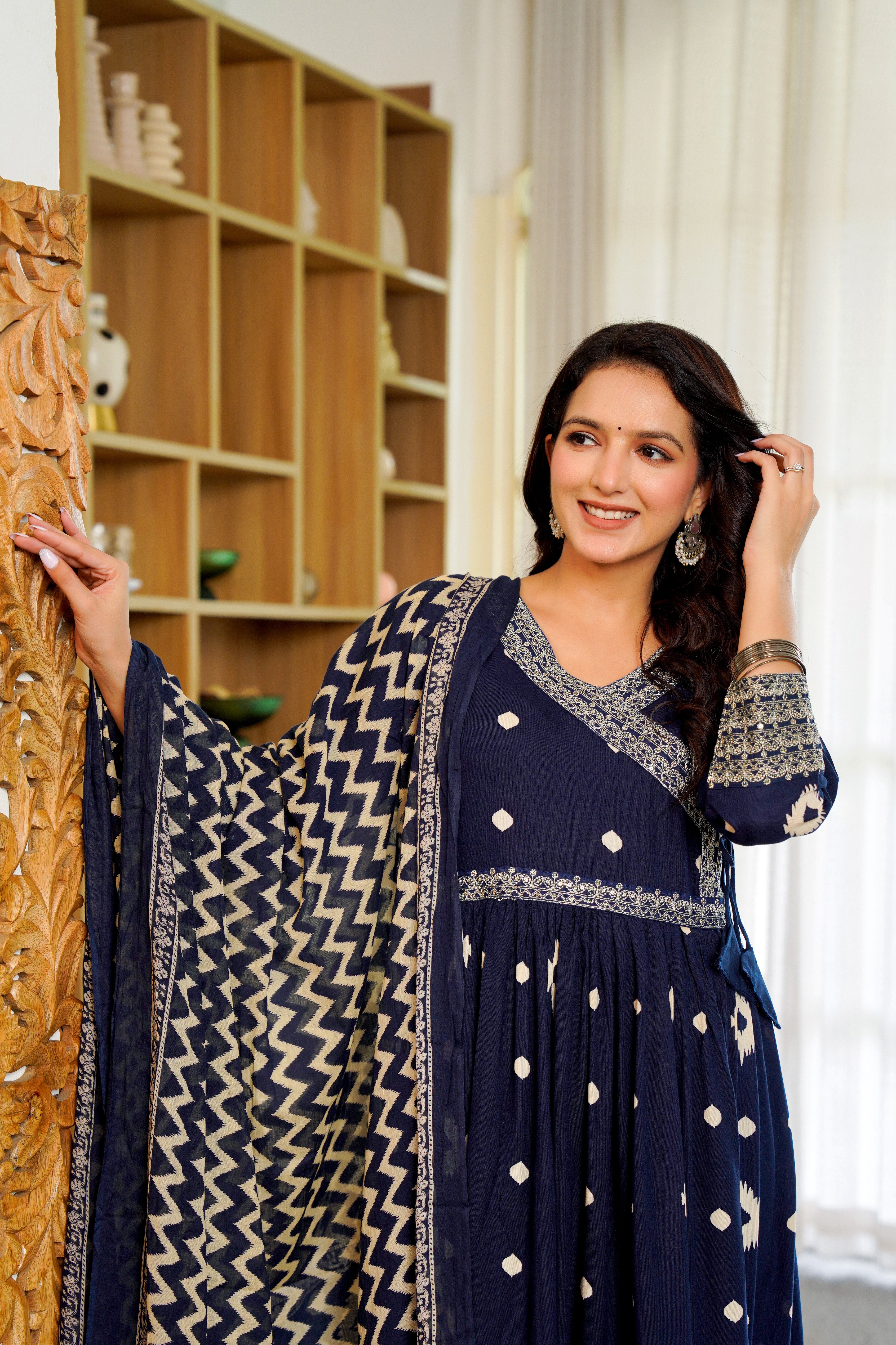 Elegant Navy Blue Anarkali with Dupatta – Timeless Ikat Charm