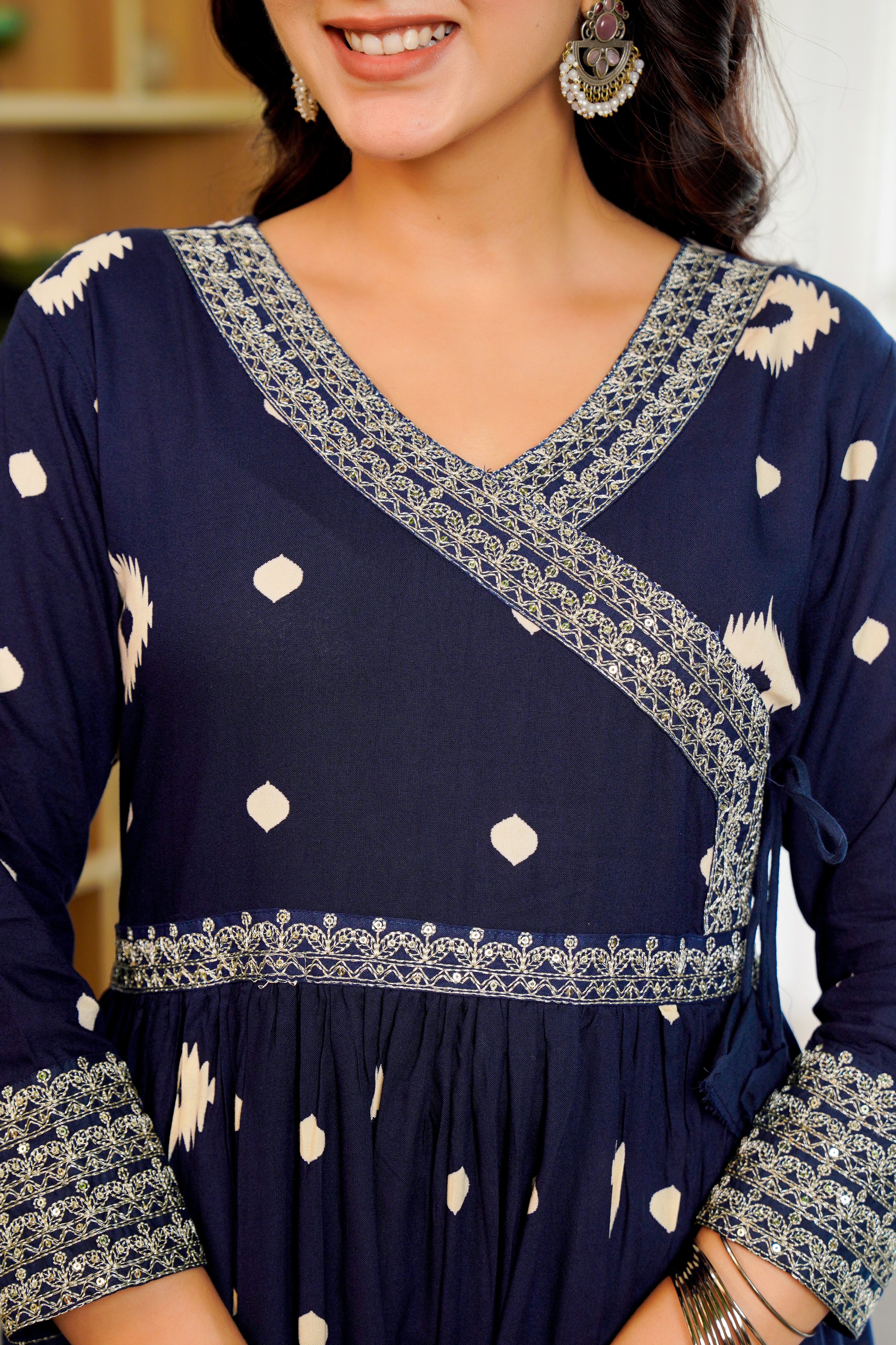 Elegant Navy Blue Anarkali with Dupatta – Timeless Ikat Charm