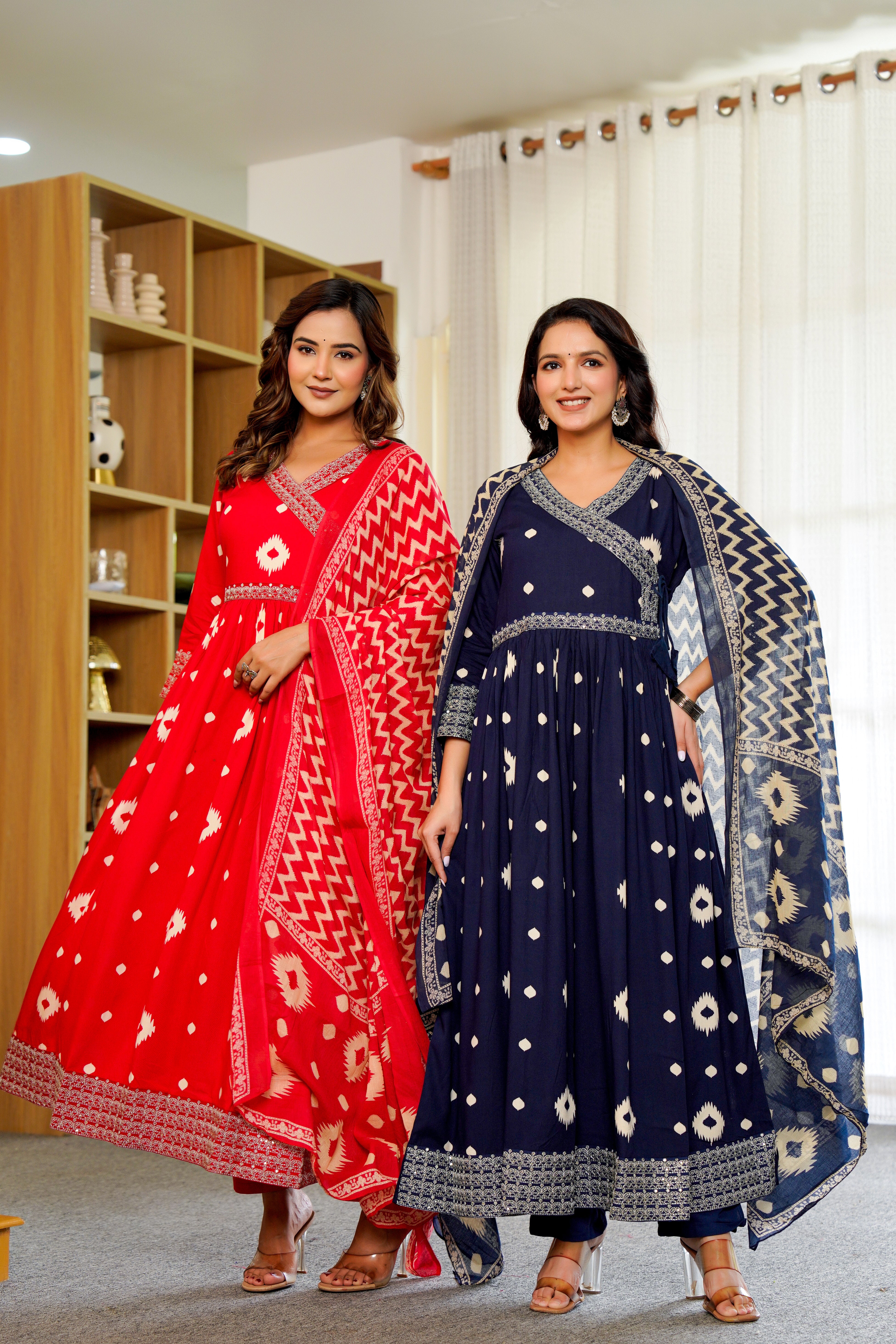 Elegant Navy Blue Anarkali with Dupatta – Timeless Ikat Charm