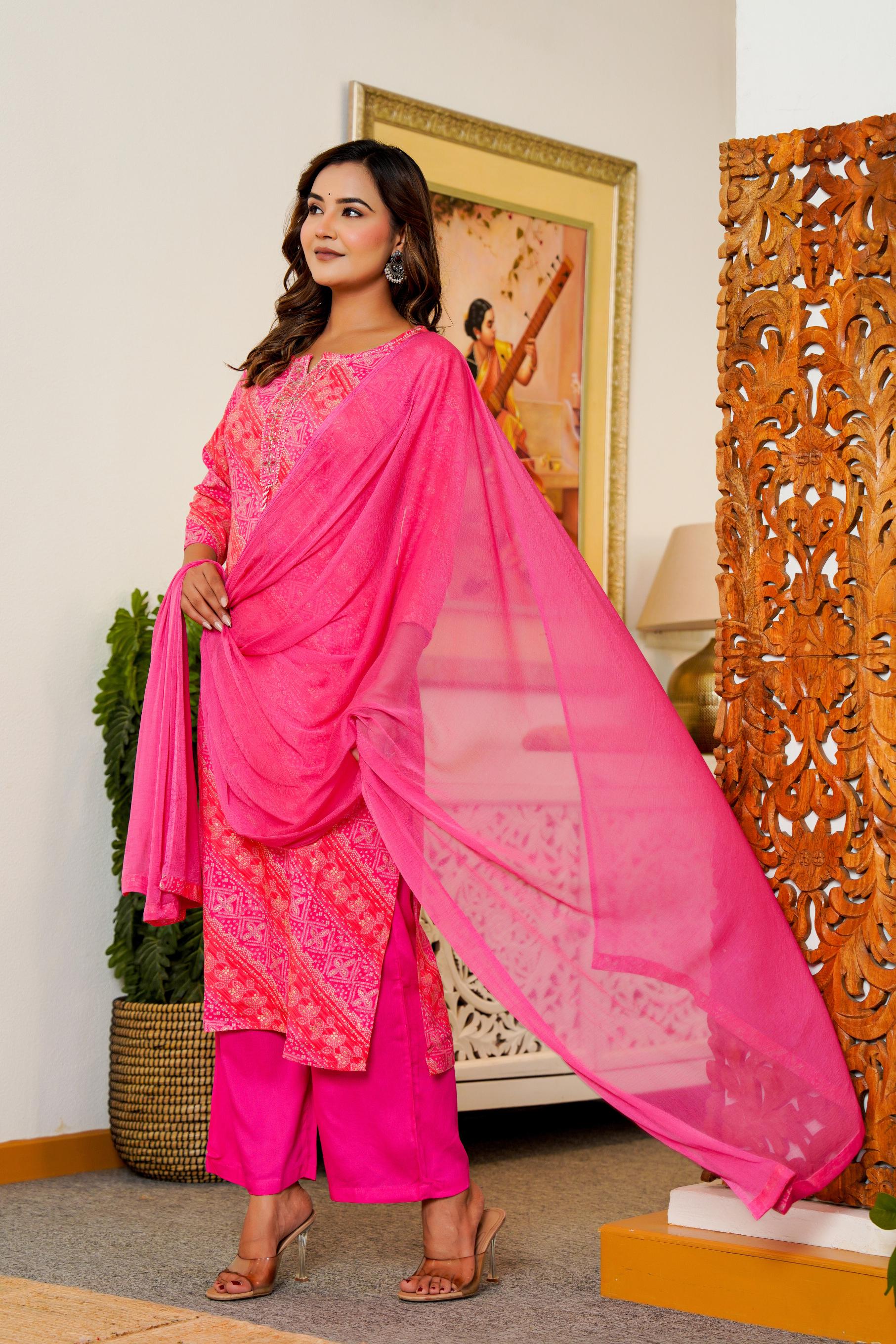 Pink Printed Kurta Set with Dupatta – Festive & Graceful Look