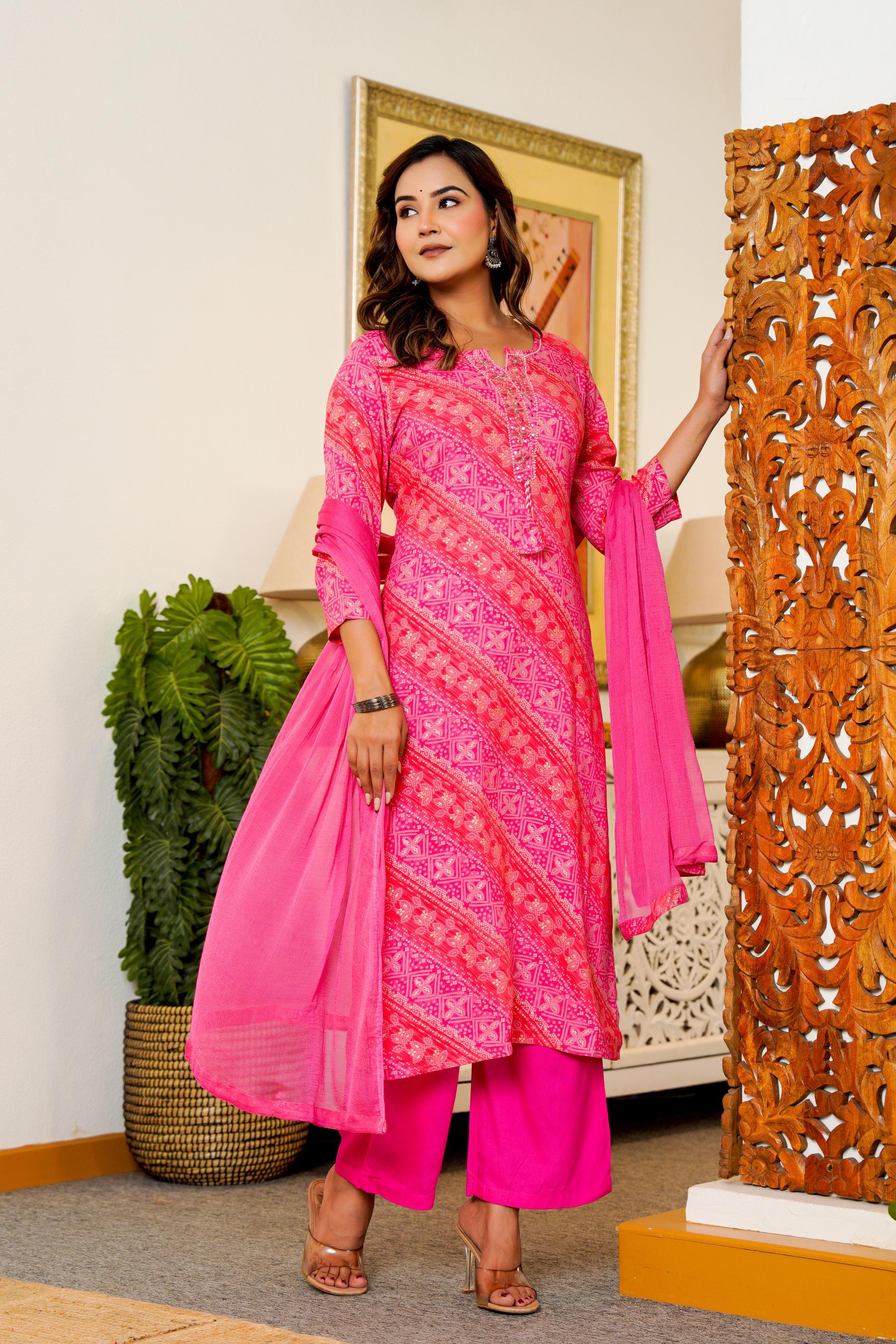 Pink Printed Kurta Set with Dupatta – Festive & Graceful Look