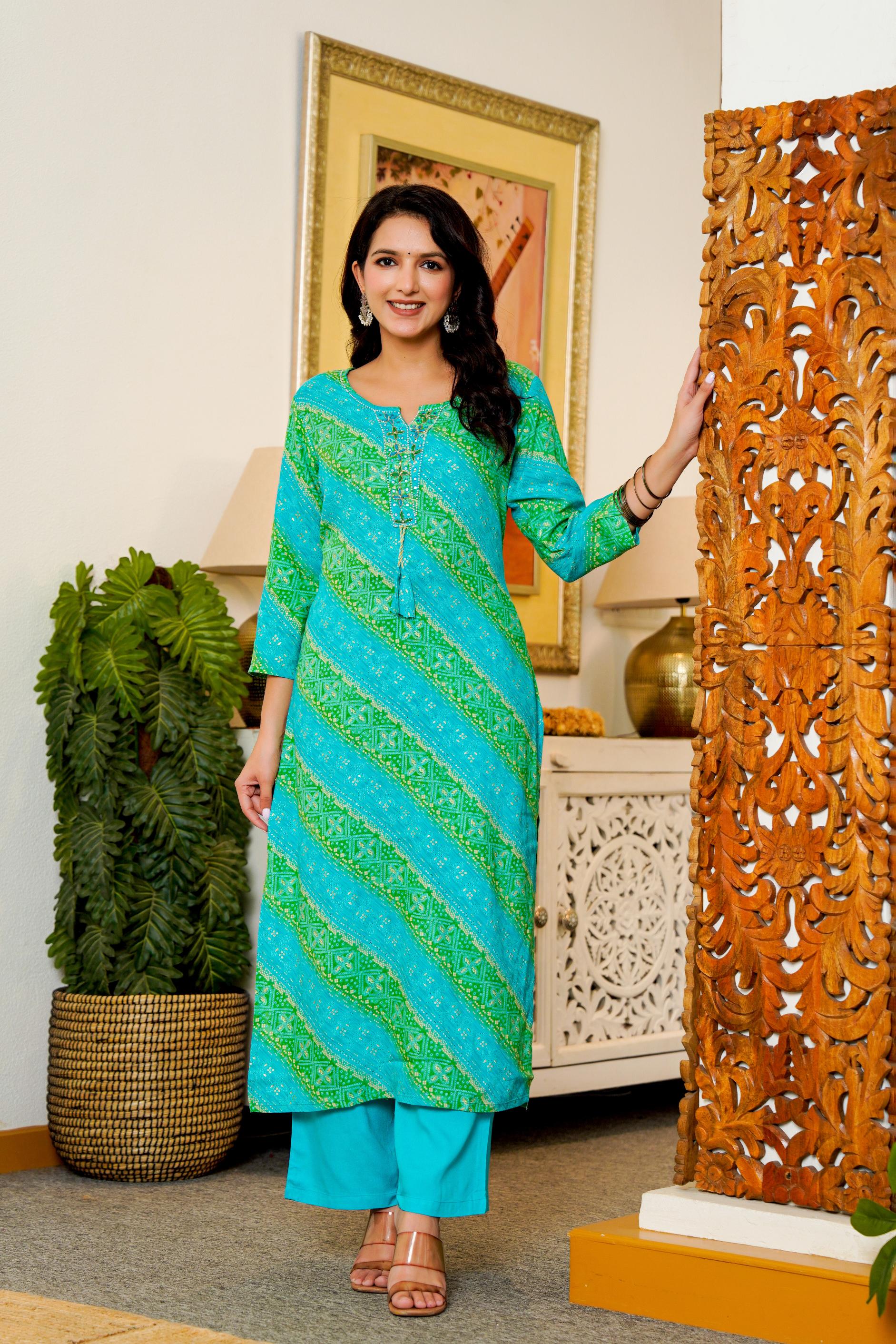 Turquoise & Green Printed Kurta Set with Dupatta – Vibrant Festive Wear