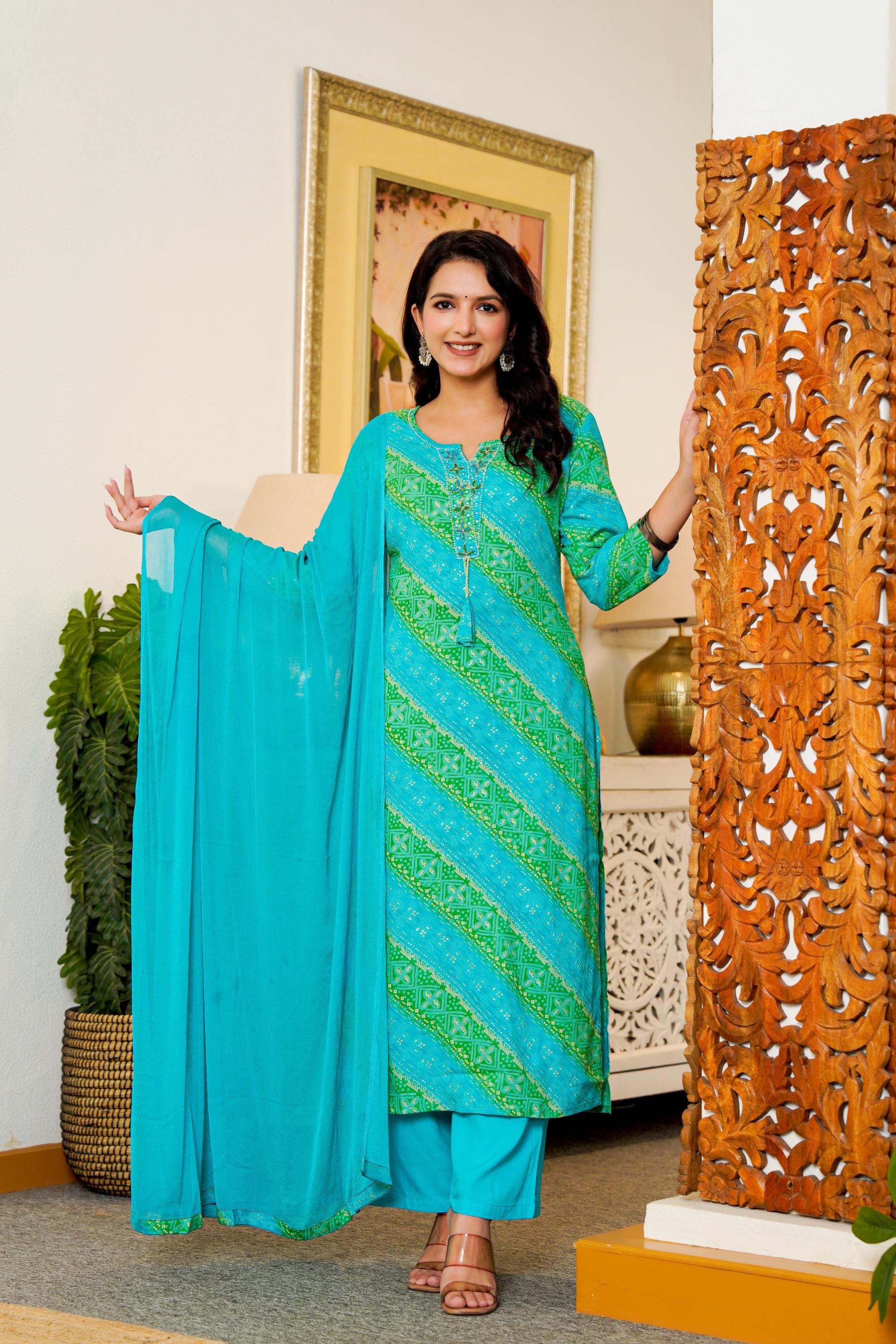 Turquoise & Green Printed Kurta Set with Dupatta – Vibrant Festive Wear