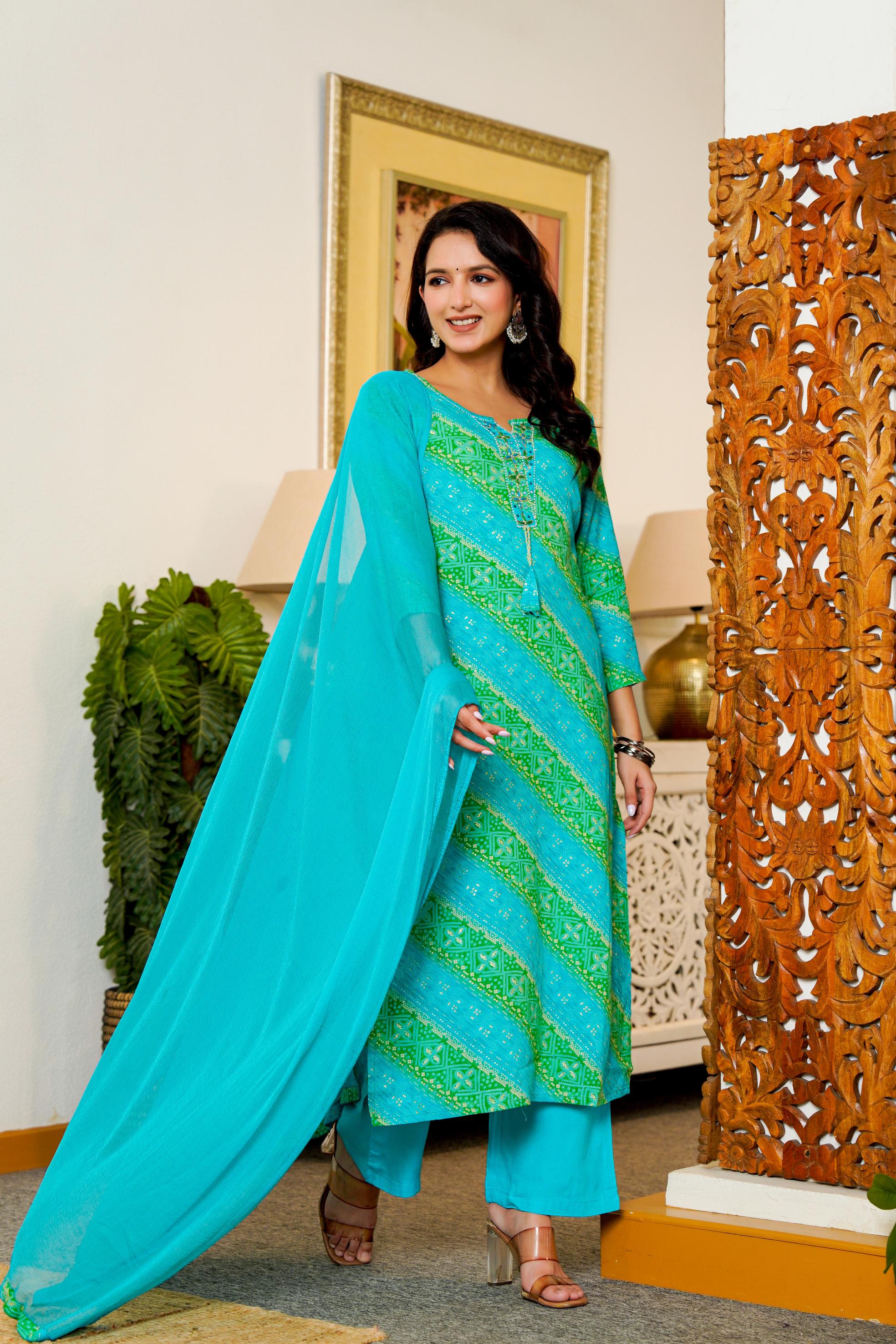 Turquoise & Green Printed Kurta Set with Dupatta – Vibrant Festive Wear