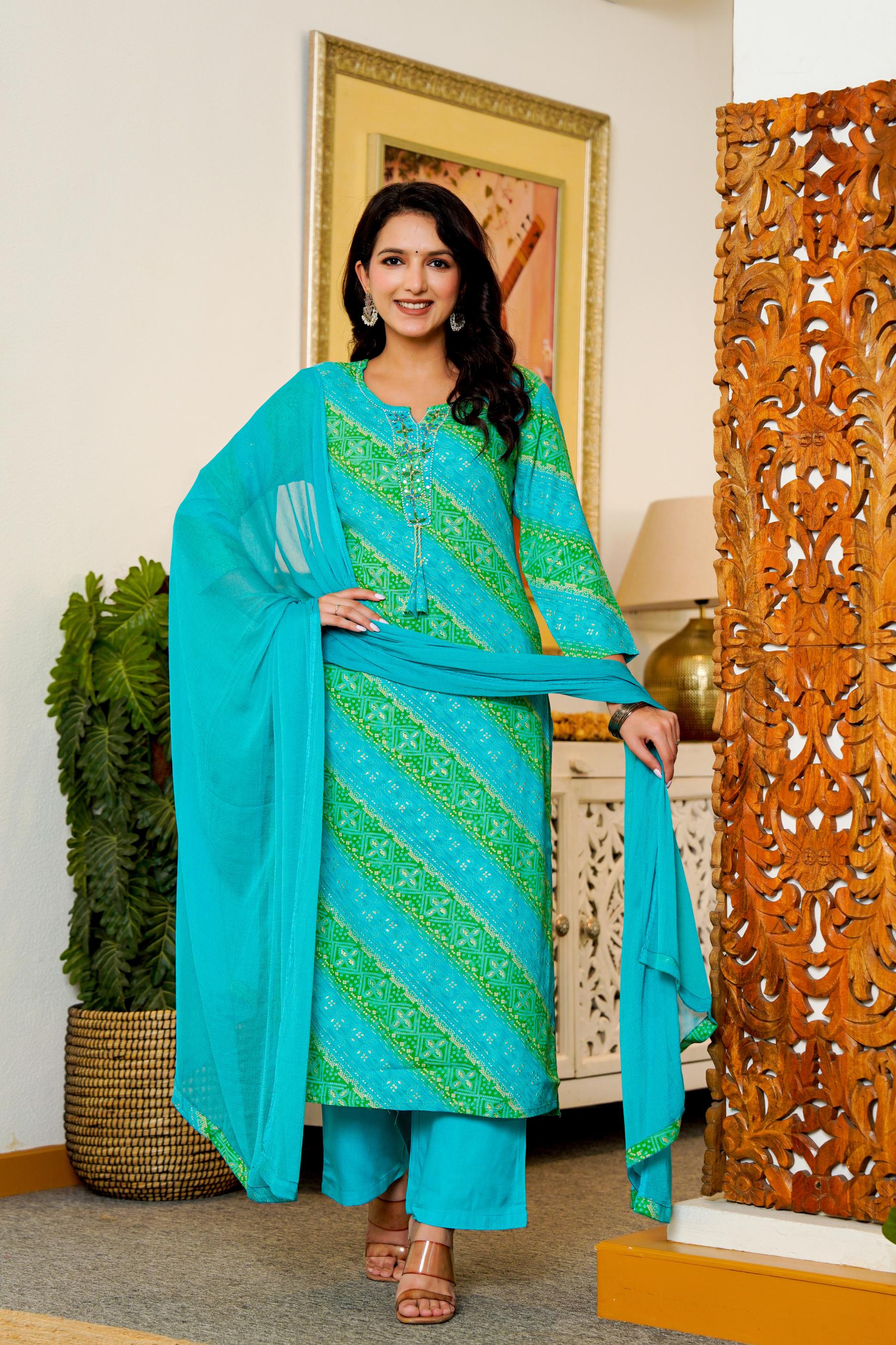 Turquoise & Green Printed Kurta Set with Dupatta – Vibrant Festive Wear