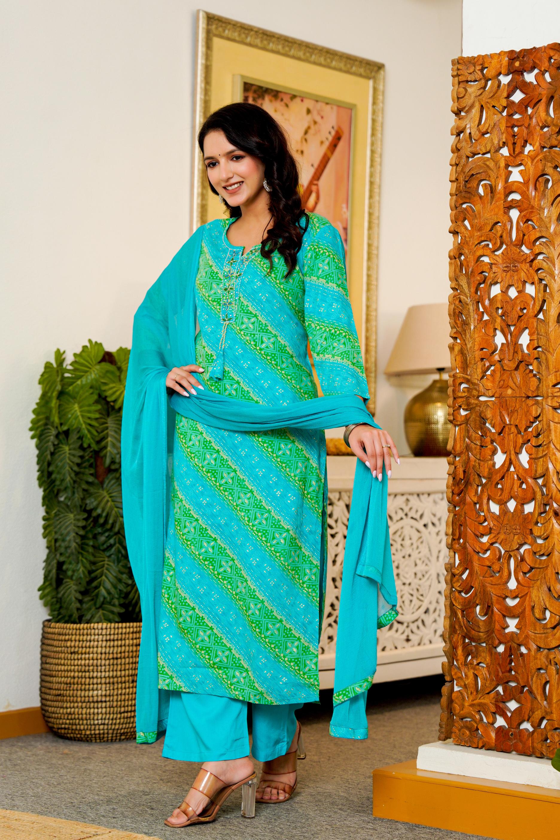 Turquoise & Green Printed Kurta Set with Dupatta – Vibrant Festive Wear