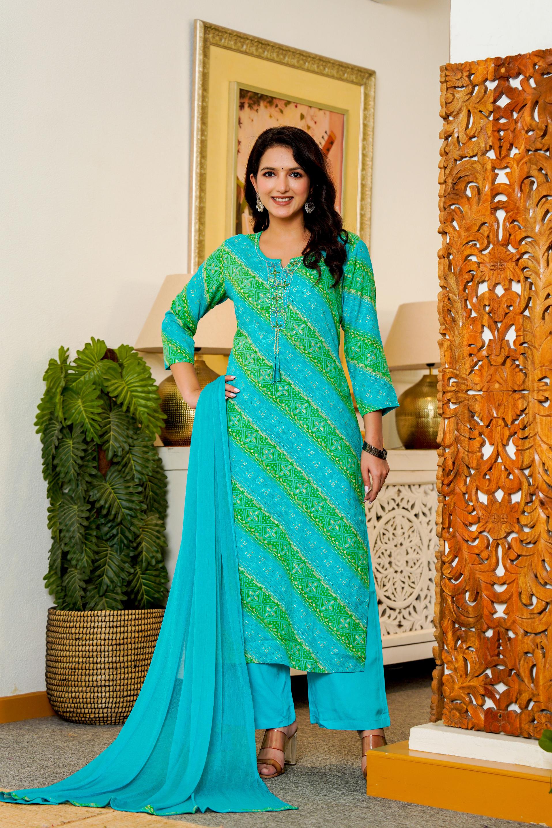 Turquoise & Green Printed Kurta Set with Dupatta – Vibrant Festive Wear