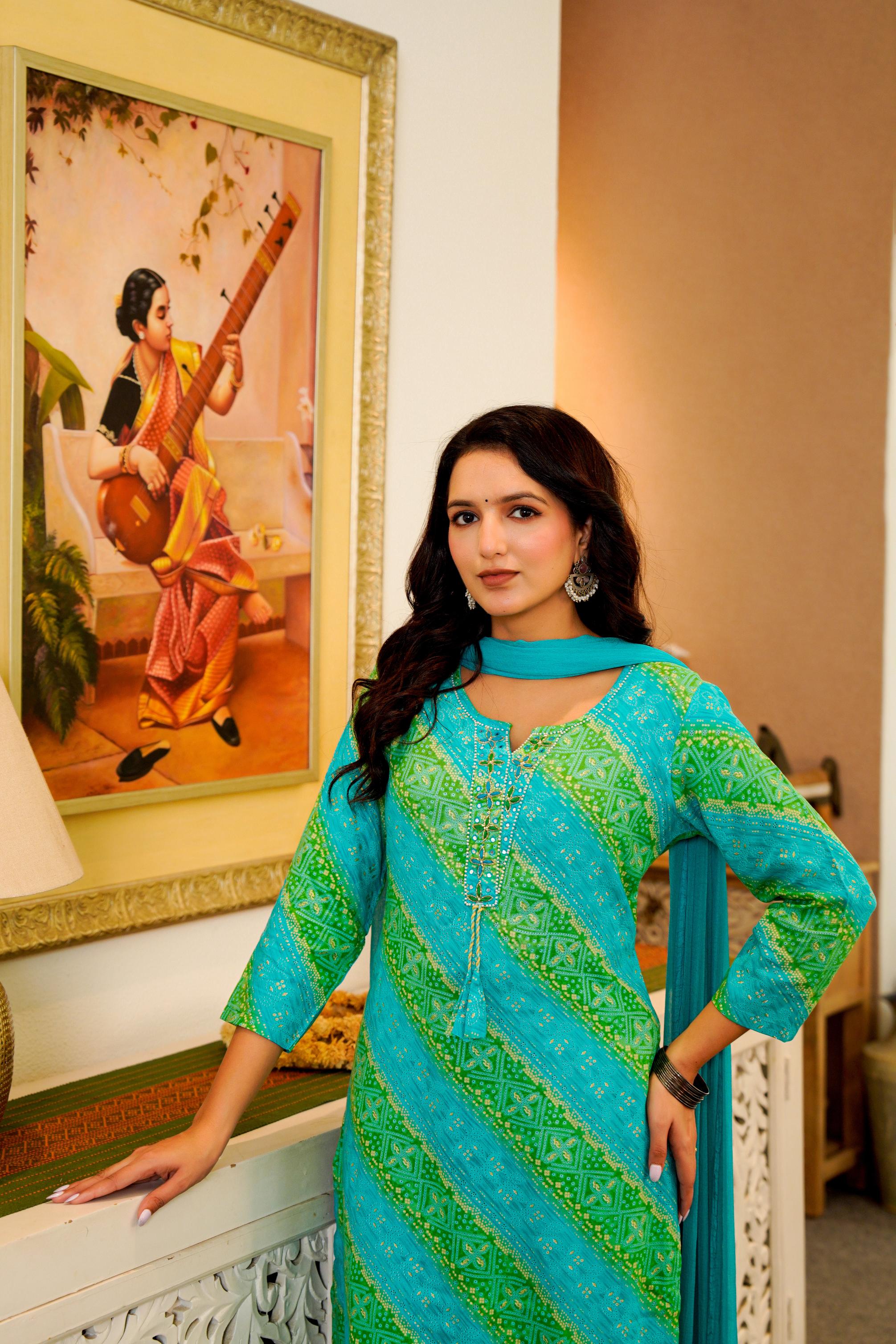 Turquoise & Green Printed Kurta Set with Dupatta – Vibrant Festive Wear