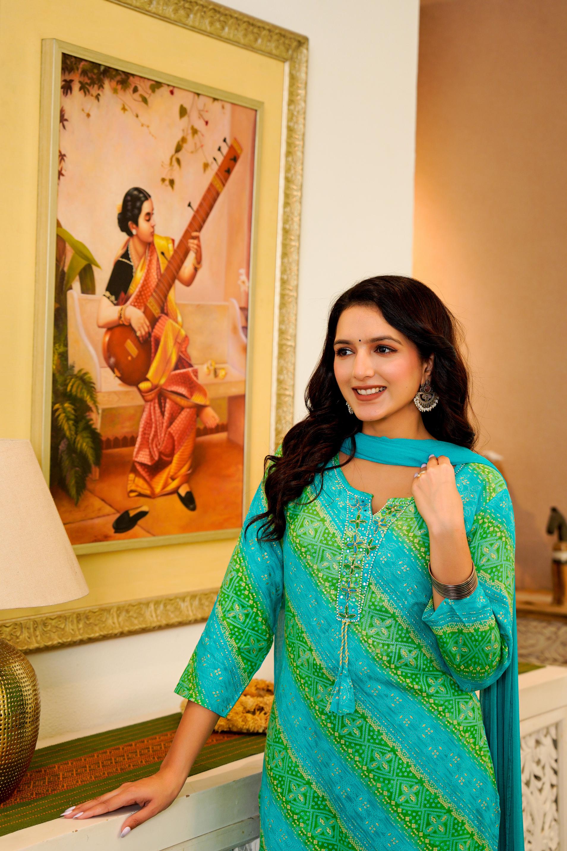 Turquoise & Green Printed Kurta Set with Dupatta – Vibrant Festive Wear
