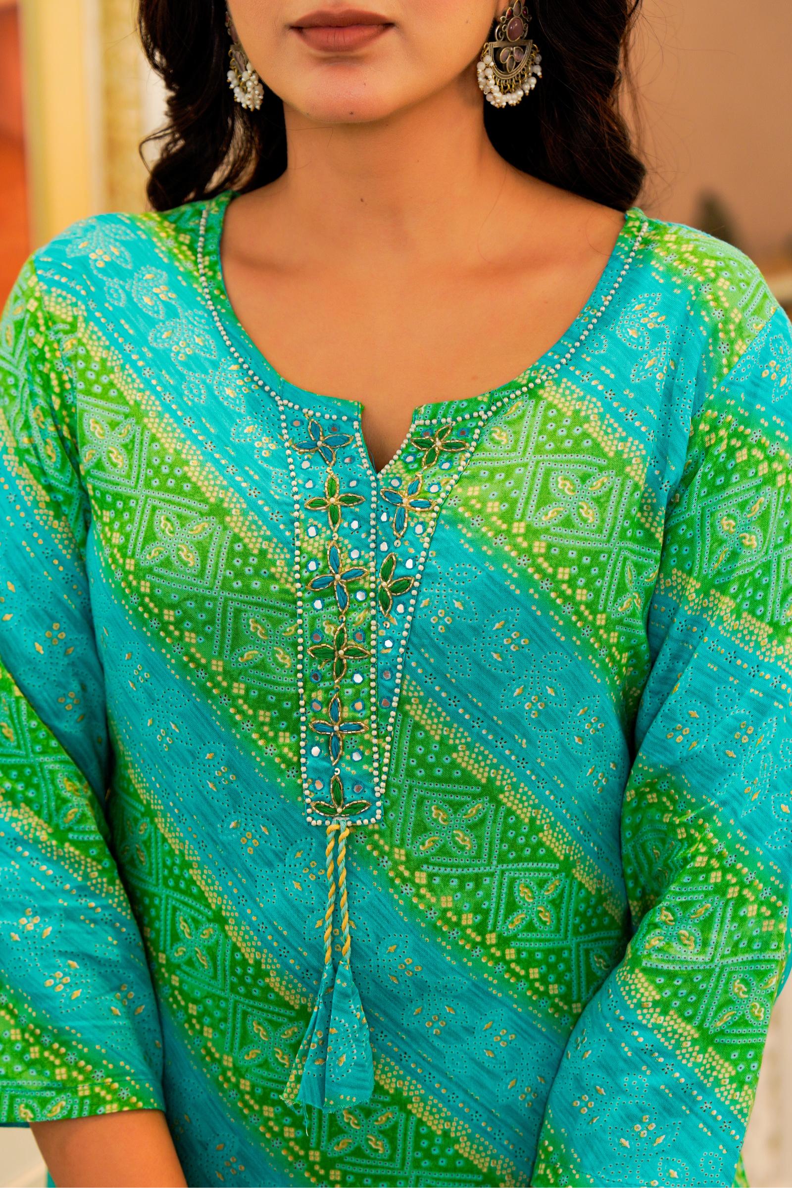 Turquoise & Green Printed Kurta Set with Dupatta – Vibrant Festive Wear