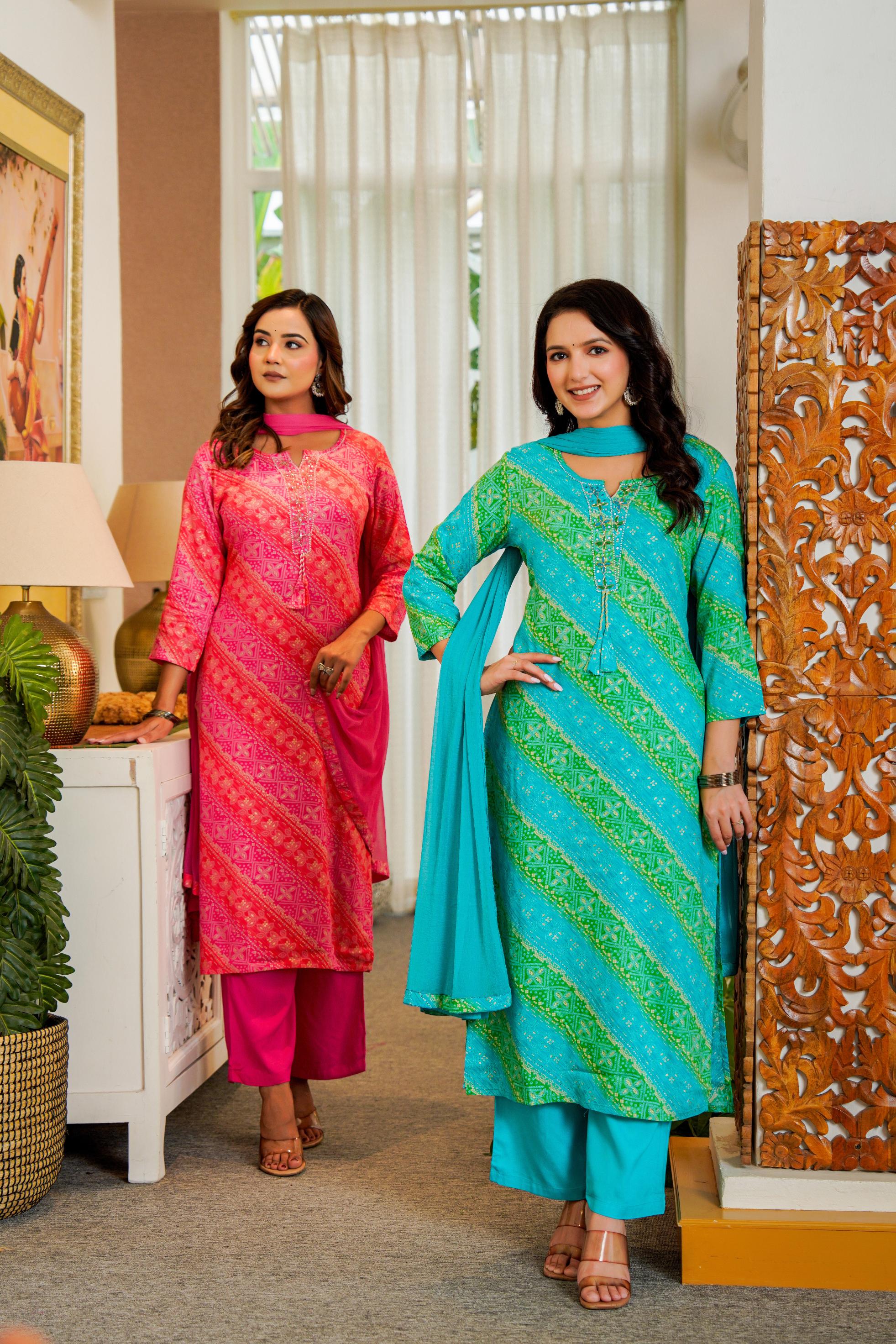 Turquoise & Green Printed Kurta Set with Dupatta – Vibrant Festive Wear
