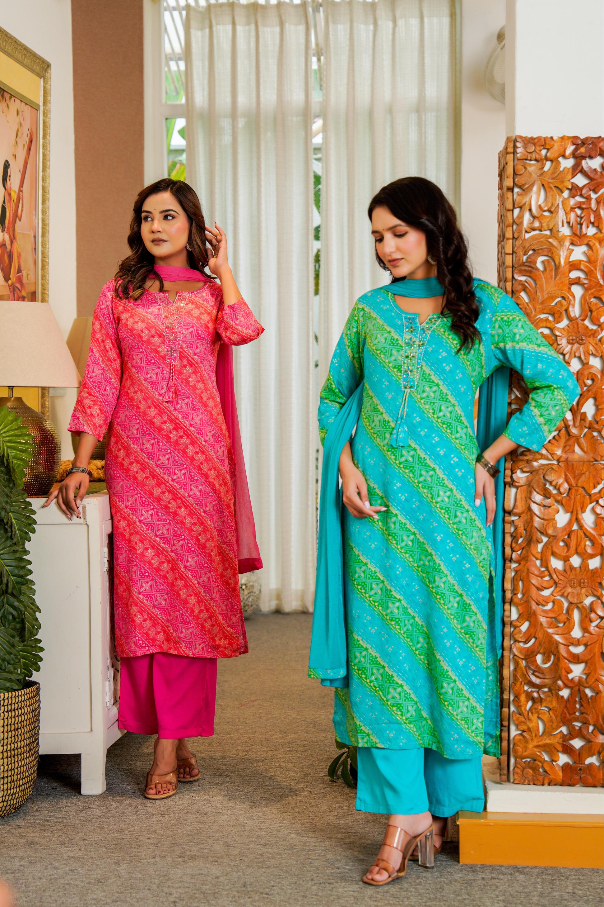 Turquoise & Green Printed Kurta Set with Dupatta – Vibrant Festive Wear