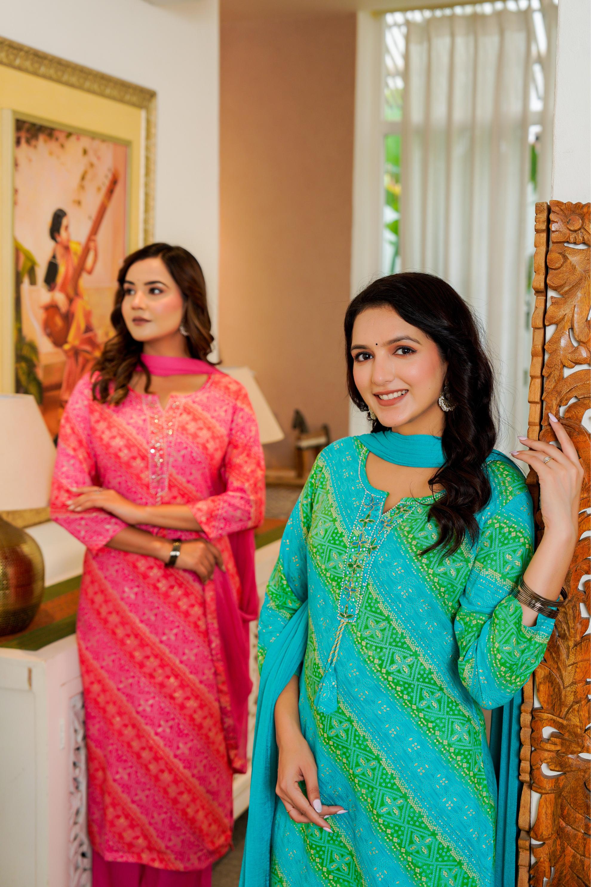 Turquoise & Green Printed Kurta Set with Dupatta – Vibrant Festive Wear