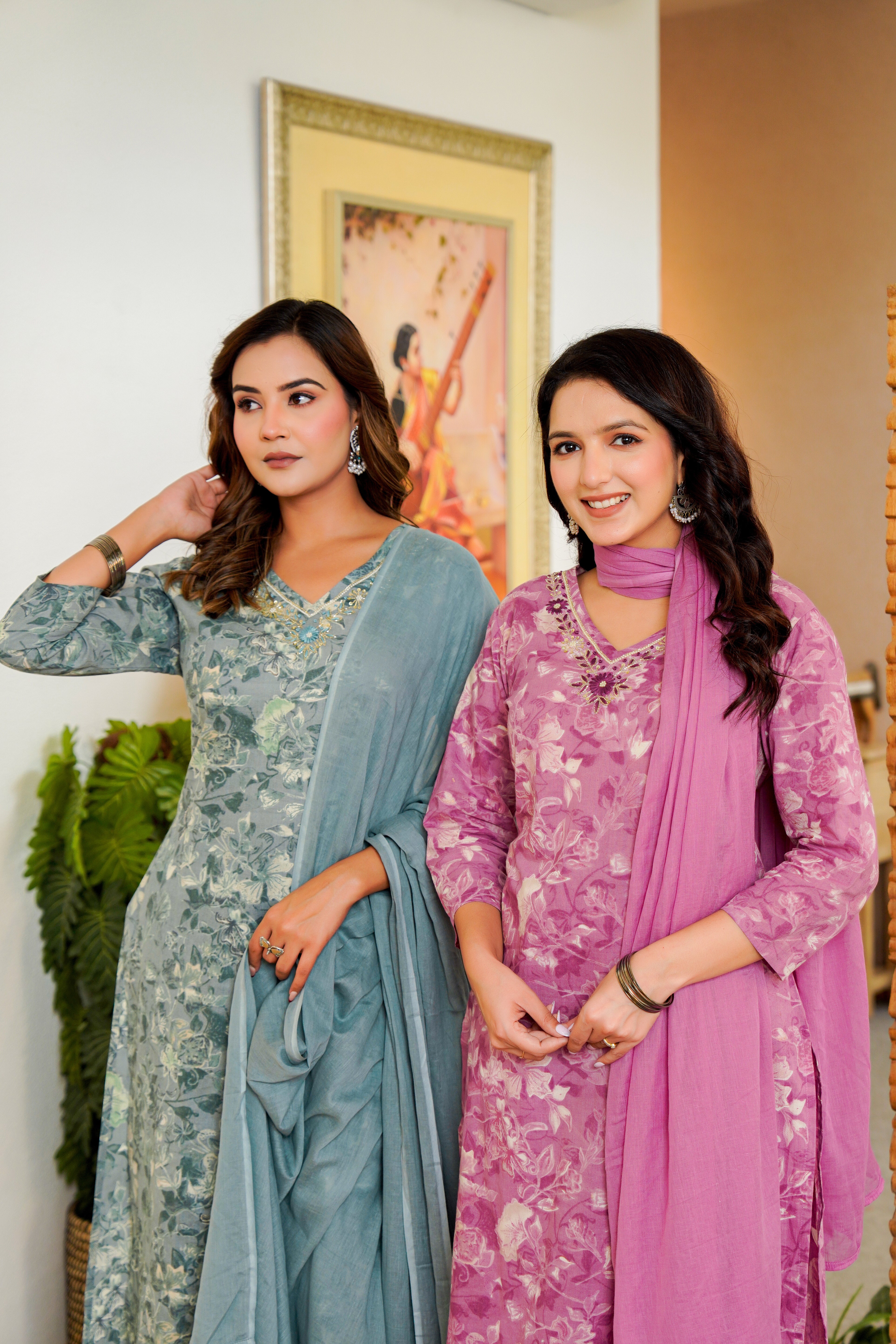 Elegant Grey Floral Kurta Set with Dupatta