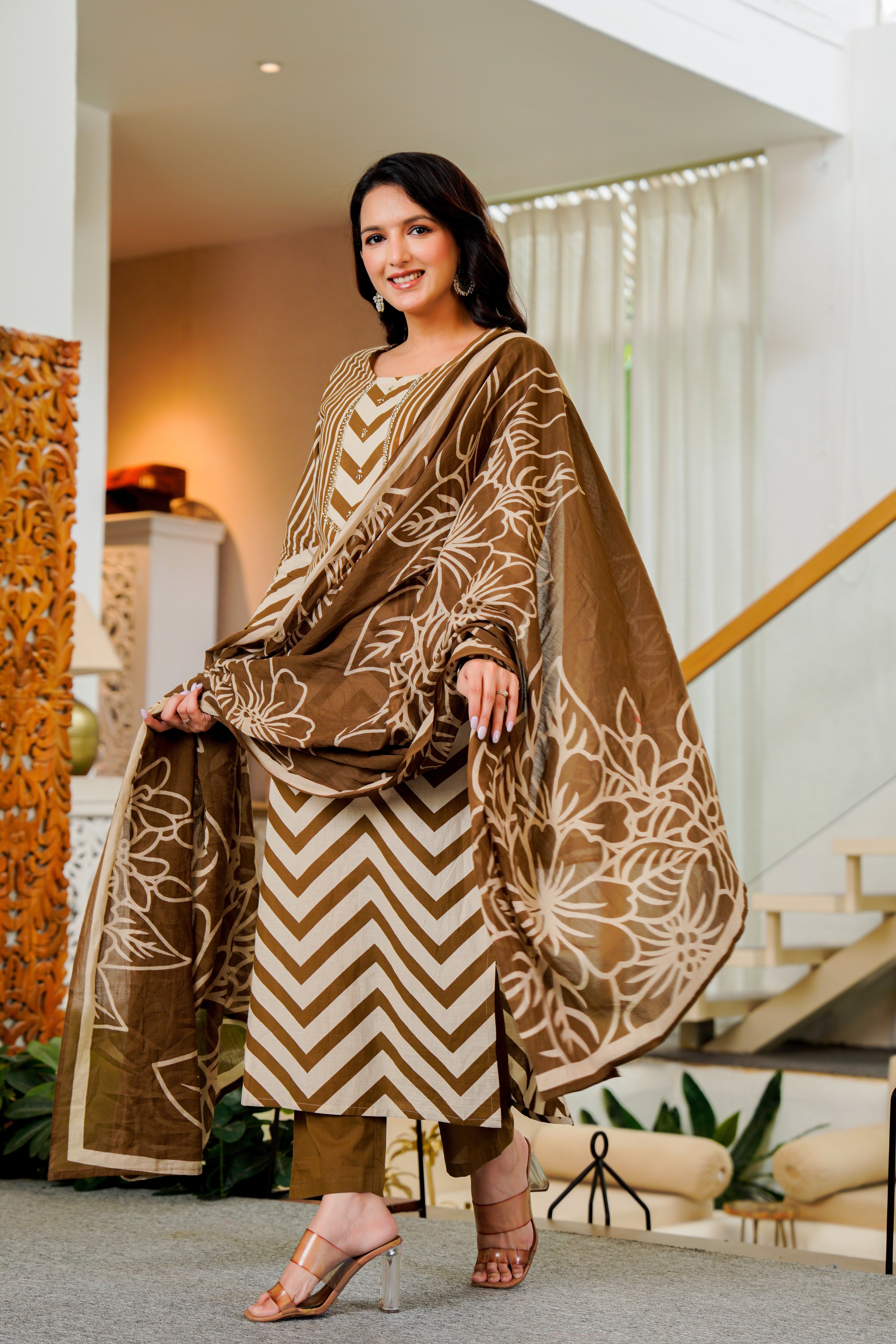 Elegant Brown Striped Kurta Set with Dupatta