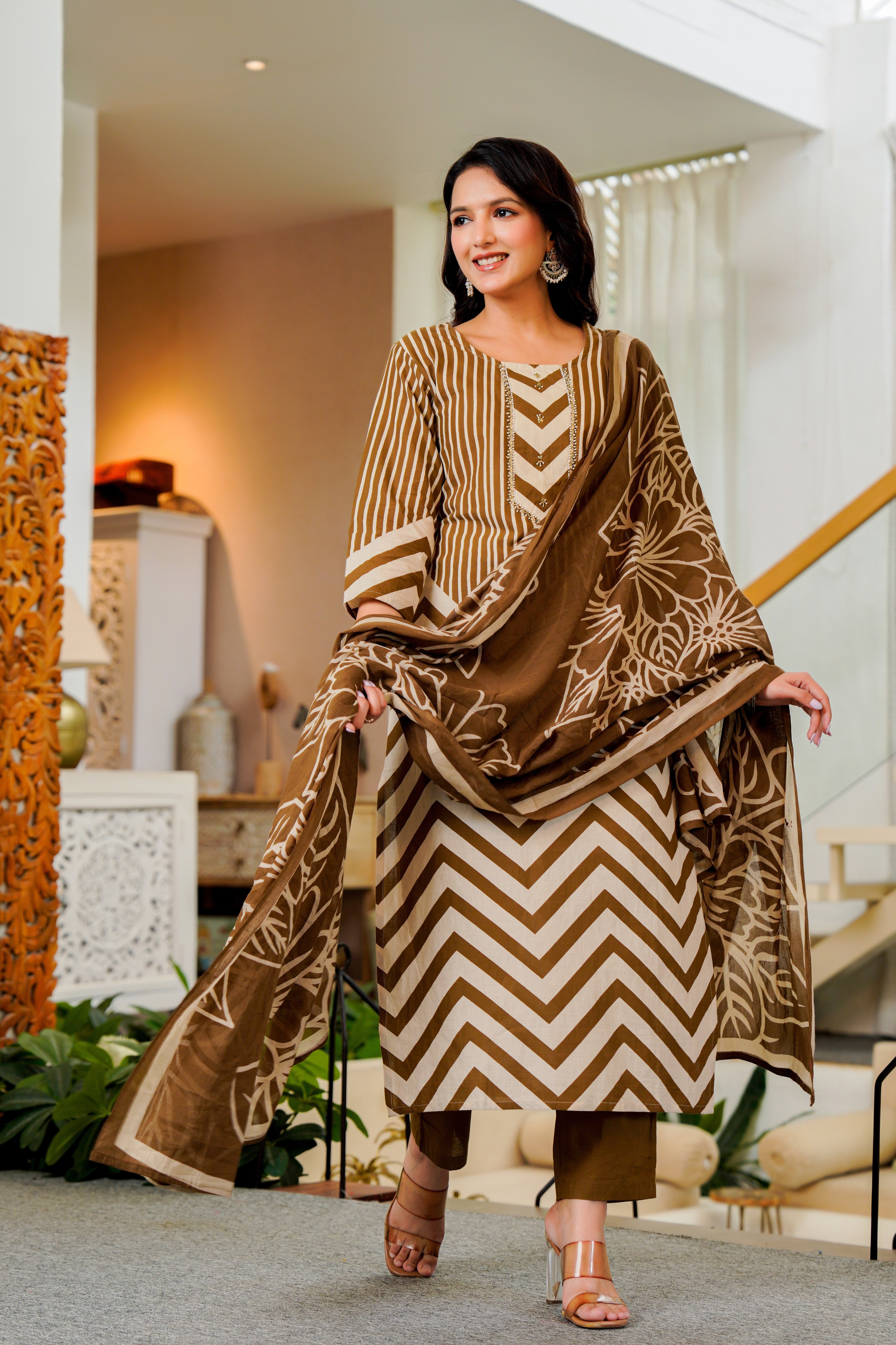 Elegant Brown Striped Kurta Set with Dupatta